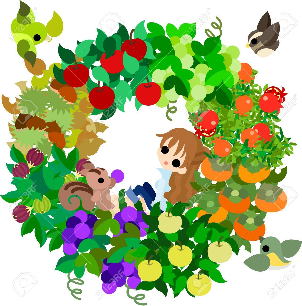 リンゴと栗とイチジク ブドウおよびミュスカと梨 柿 ザクロがいるので 多くの秋の果実のイラスト素材 ベクタ Image