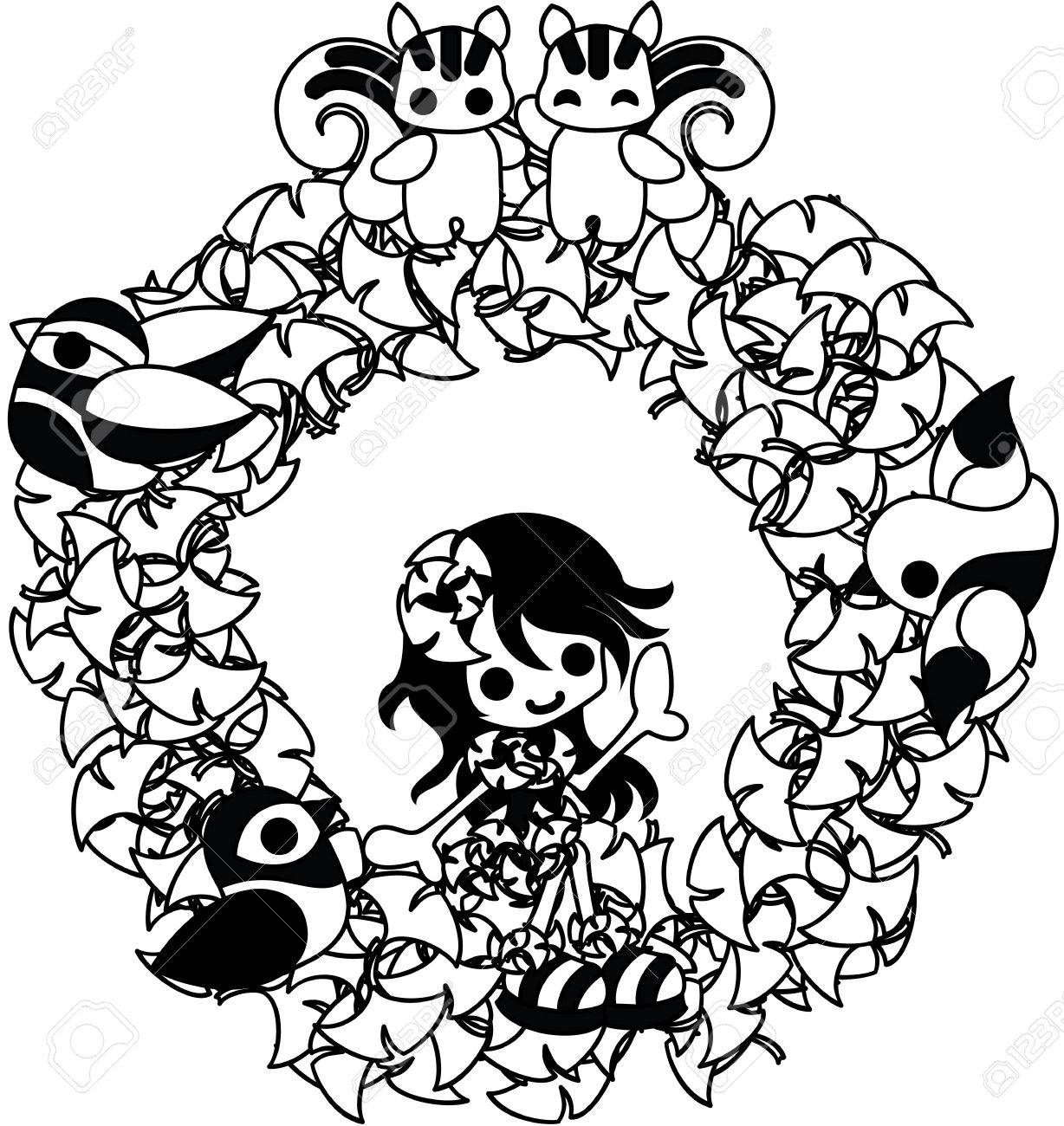 小動物とイチョウのドレスの少女のリース のイラスト素材 ベクタ Image