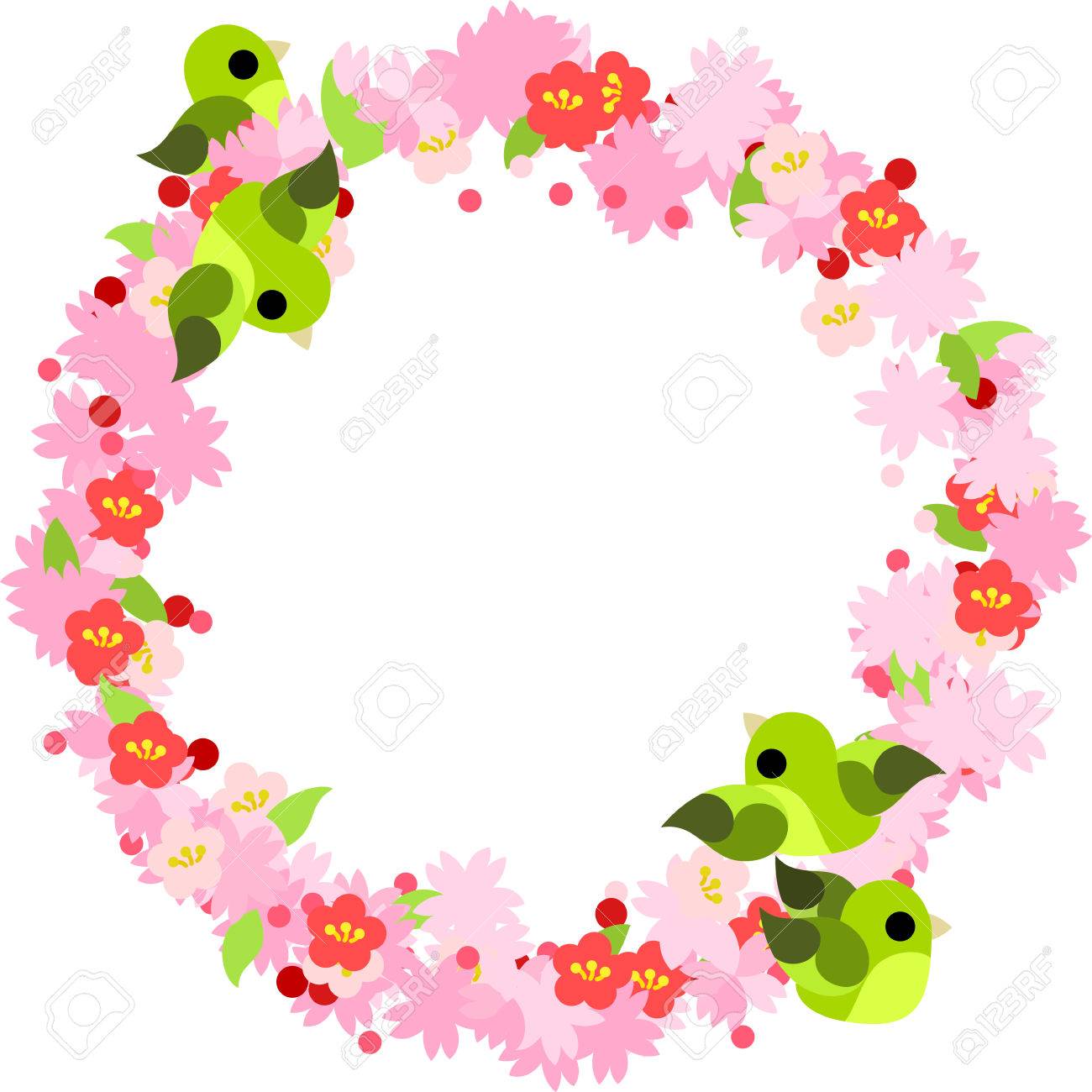ピンクの花と春をイメージした小鳥のリースのイラスト素材 ベクタ Image