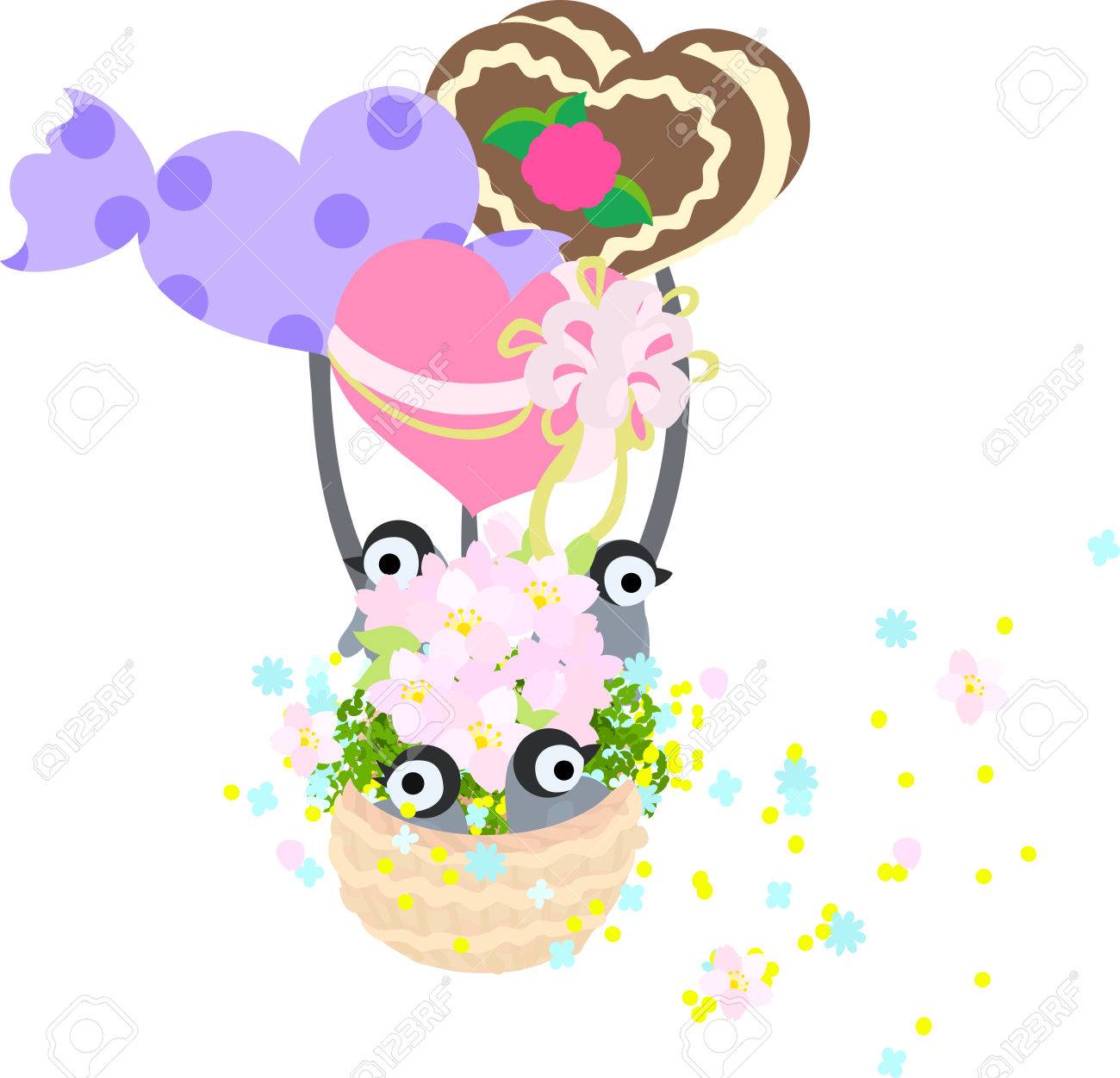 赤ちゃんペンギンと花 花とハートのバルーンのハエが踊っています のイラスト素材 ベクタ Image