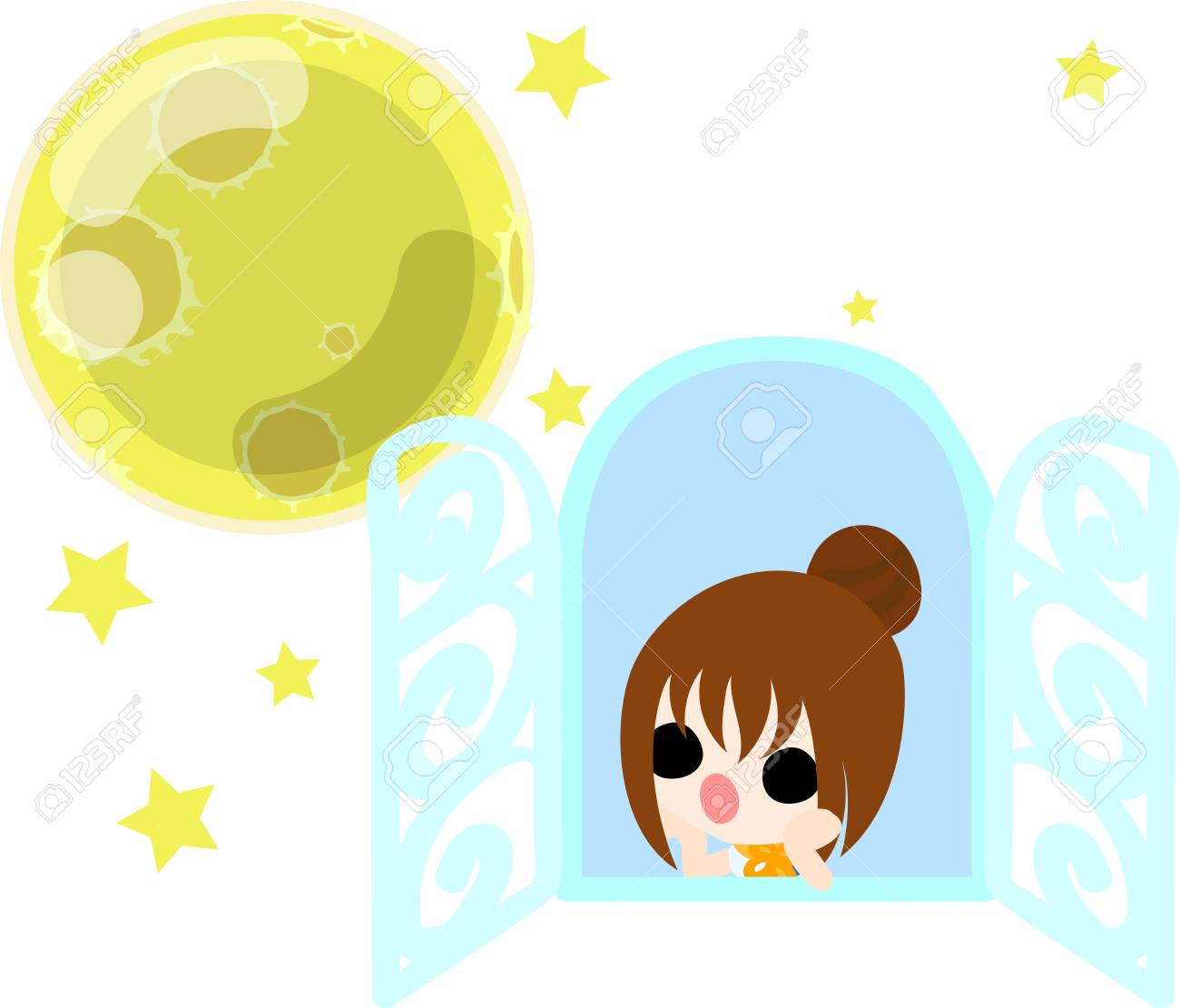 かわいい女の子と満月の夜 のイラスト素材 ベクタ Image