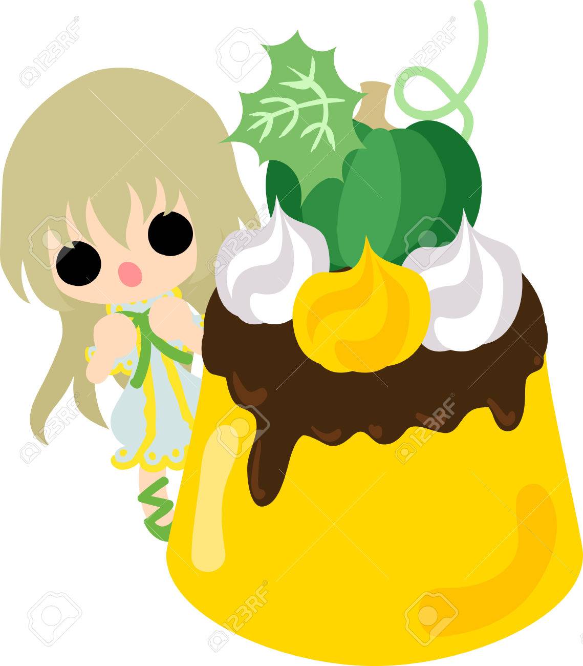 かわいい女の子とカボチャのプリン のイラスト素材 ベクタ Image