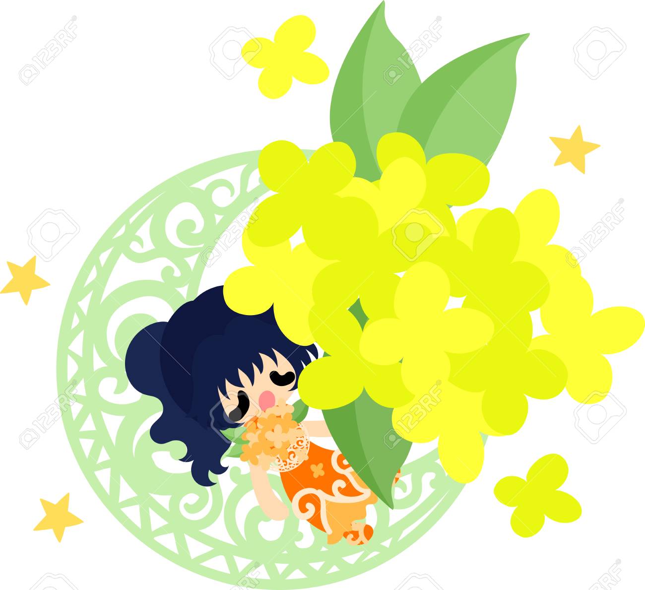 かわいい女の子が眠っていると黄色の花のオブジェクトのイラスト素材 ベクタ Image