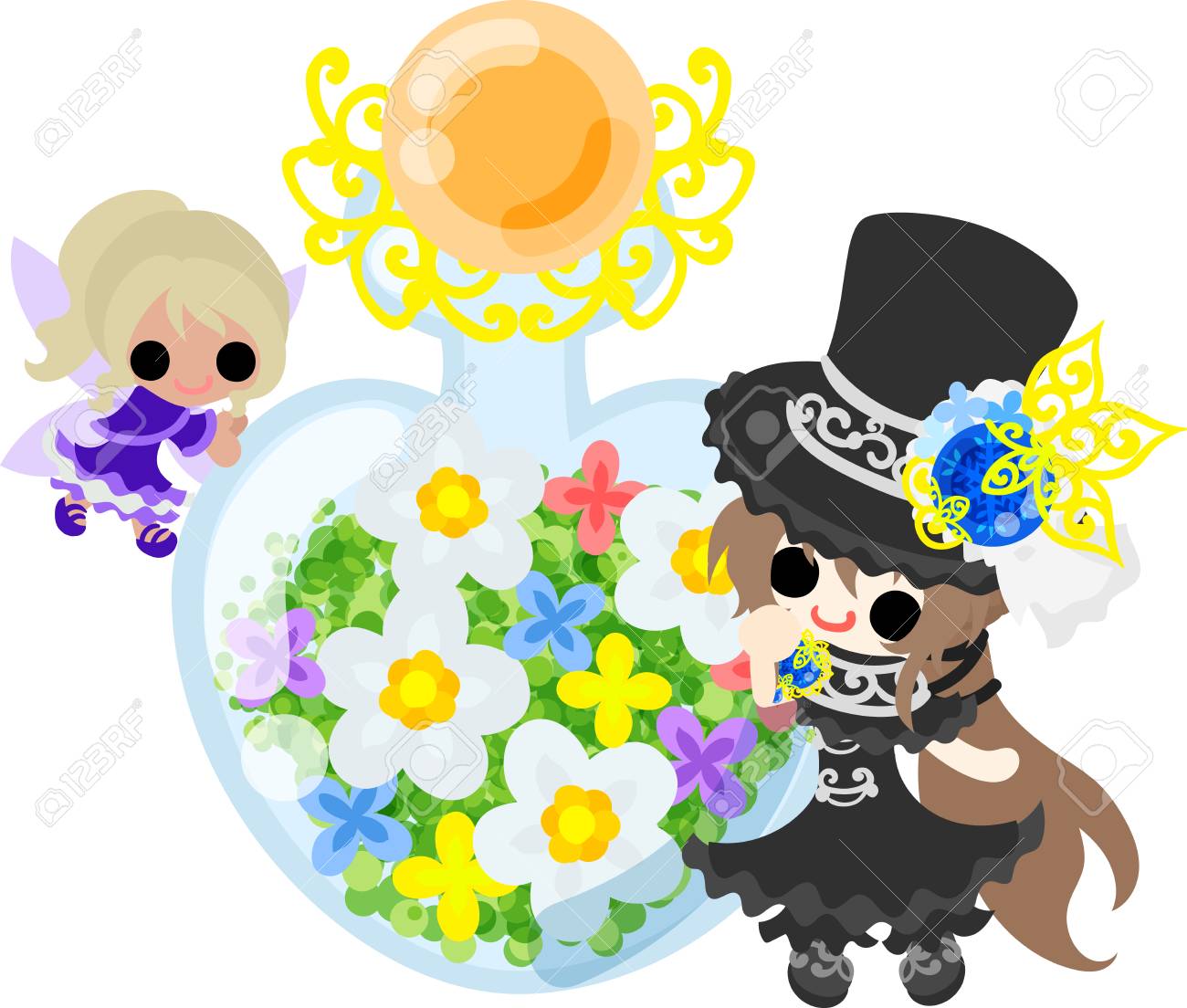 ブラック シルク ハット少女とかわいい妖精と花のボトル のイラスト素材 ベクタ Image
