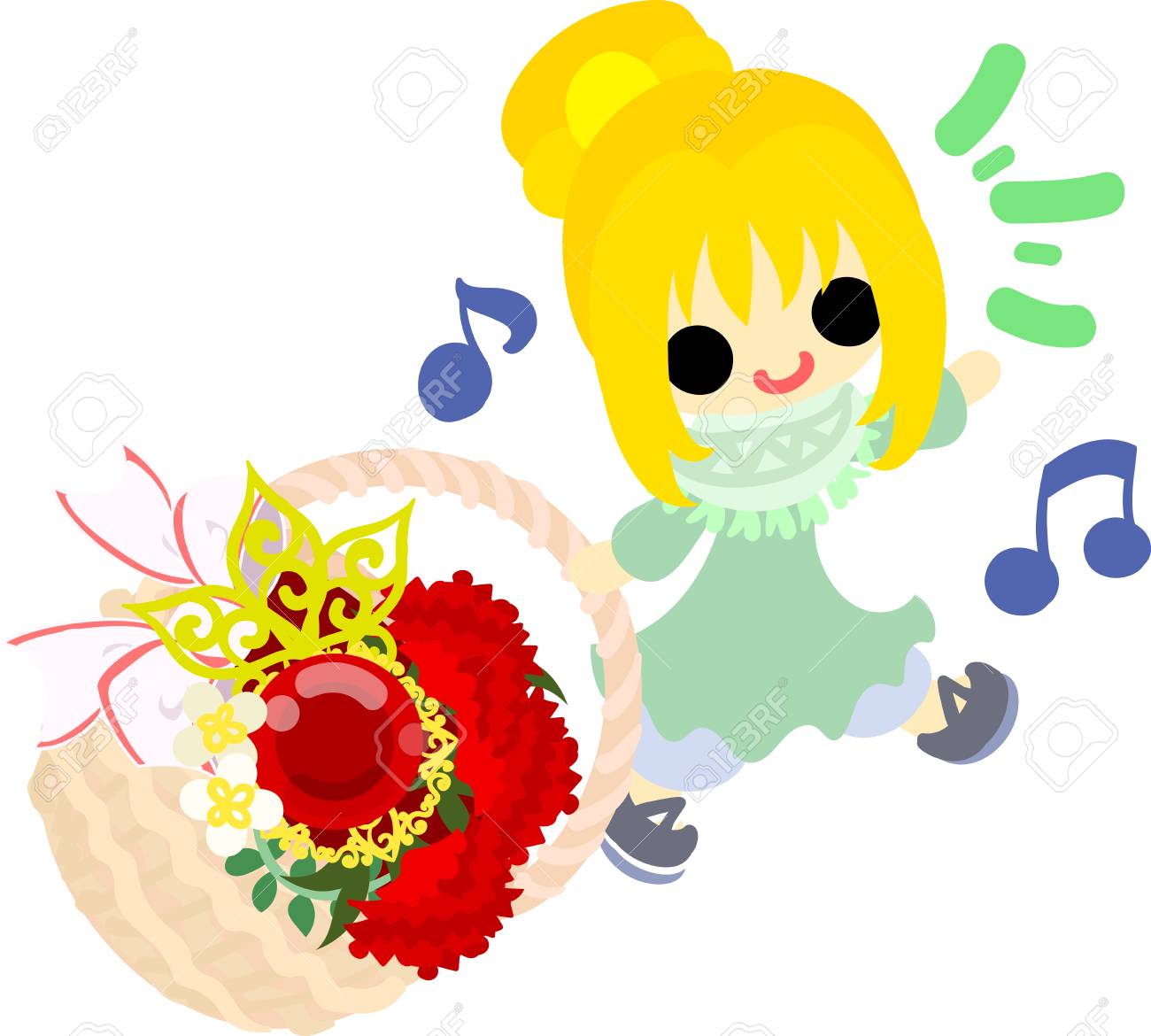 かわいい女の子とカーネーションのバスケットのイラスト素材 ベクタ Image