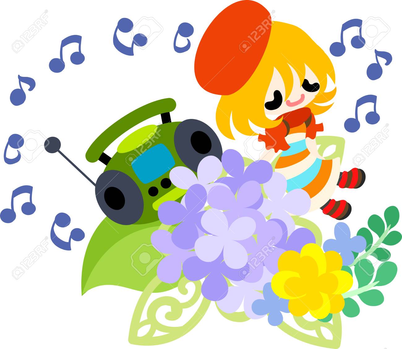 音楽とアジサイの髪飾りを聴いているかわいい女の子のイラスト素材 ベクタ Image