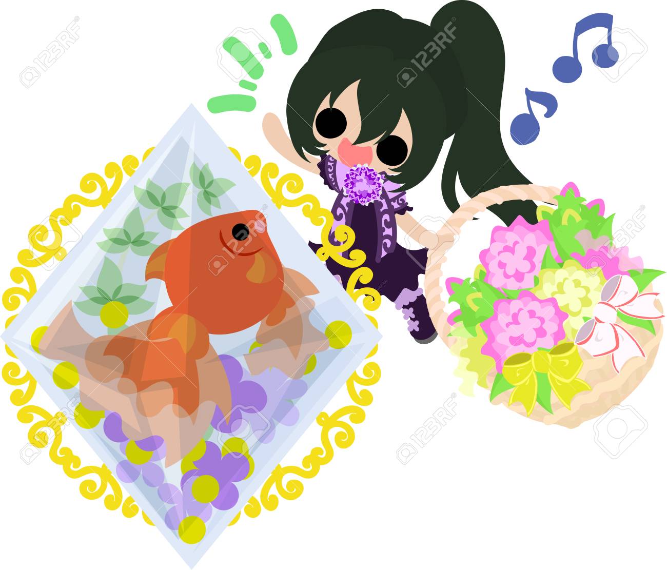フラワー バスケットと金魚ボウルとかわいい女の子のイラスト素材 ベクタ Image