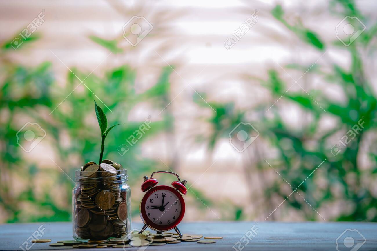 Glass jar with coins Plant seedlings grow on bottles - investment ideas for growth - 122398529 Glass jar with coins Plant seedlings grow on bottles - investment ideas for growth - 122398529