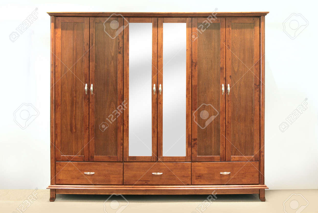 Large Chestnut Brown Rubber Wood Six Door Wardrobe With Mirrors
