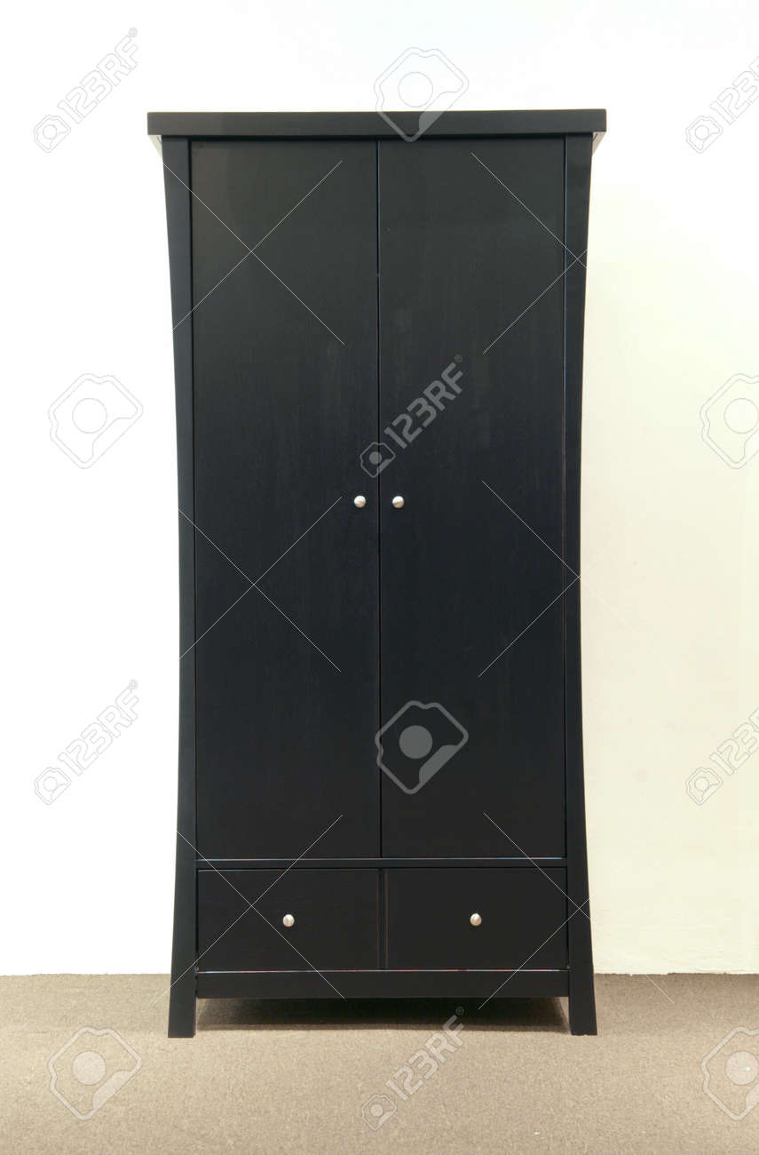 Slim And Tall Dark Lacquer Wardrobe With Two Doors And Drawers