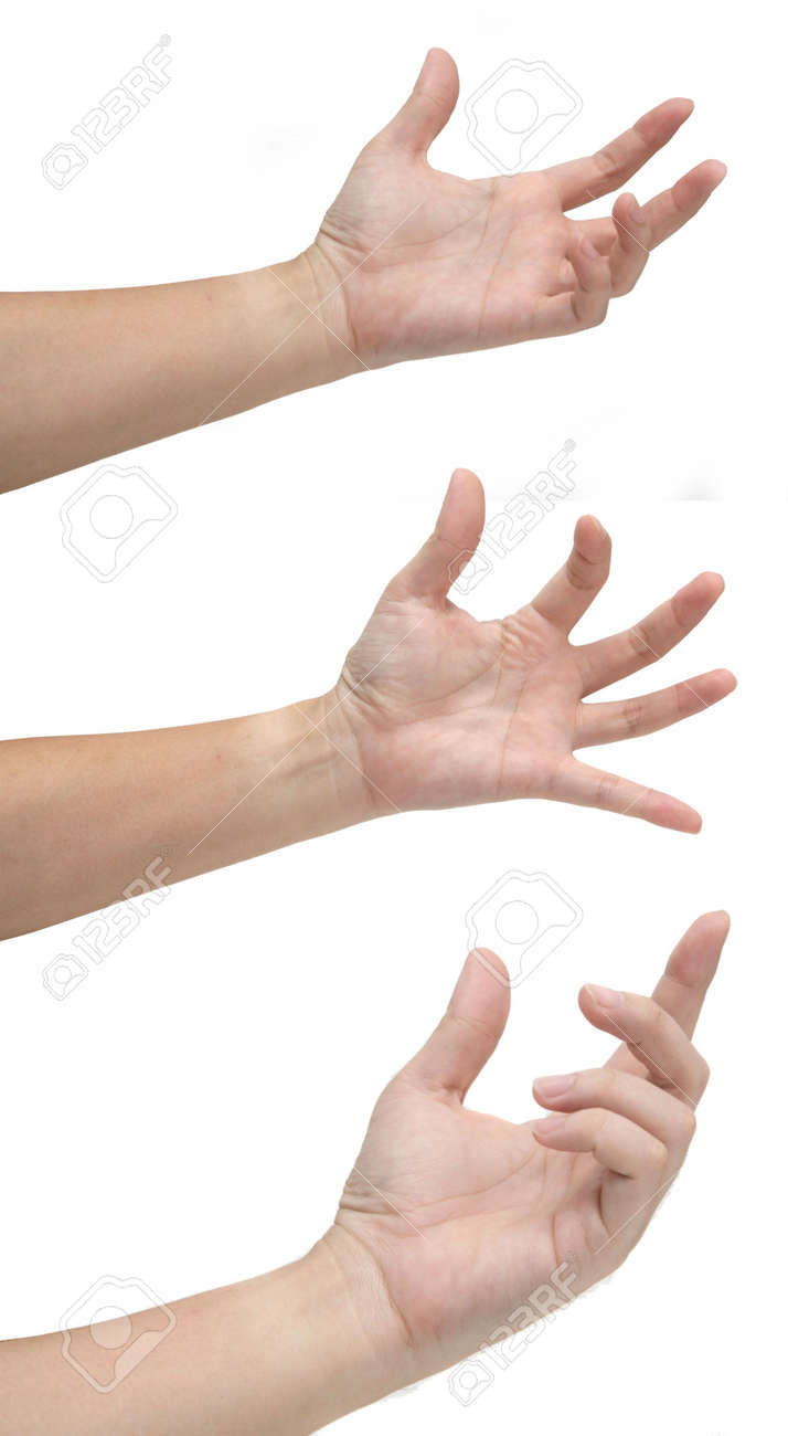 three hands in various poses over a white background stock photo