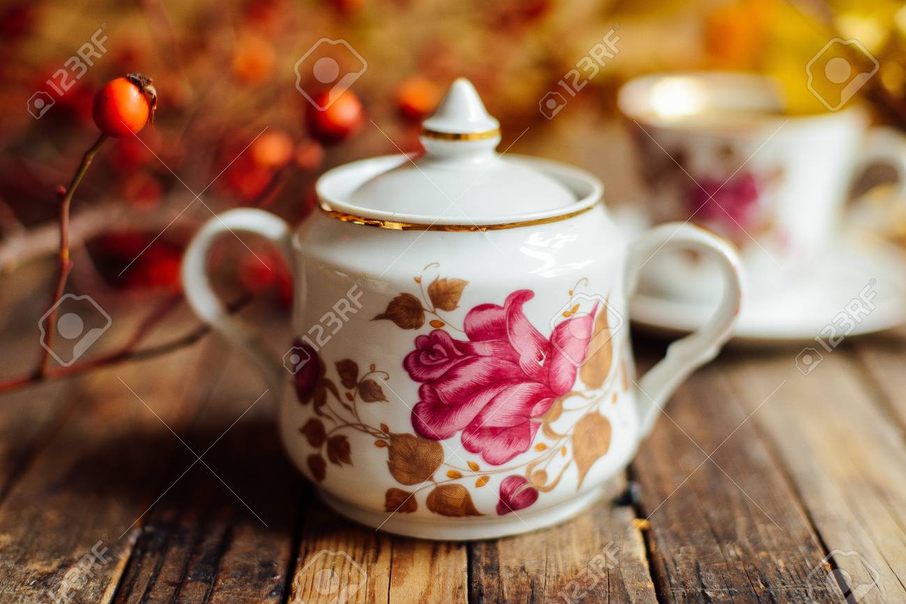 Tee Im Rustikalen Chic Stil Tee Party Gruner Tee In Eine Tasse Und Untertasse Teekanne Zuckerdose Set Geschirr Fur Tee Teekanne Gesunder Krautertee Trockene Blumen Tasse Tee Mit Herbst Dekor Auf Dem Tisch Lizenzfreie