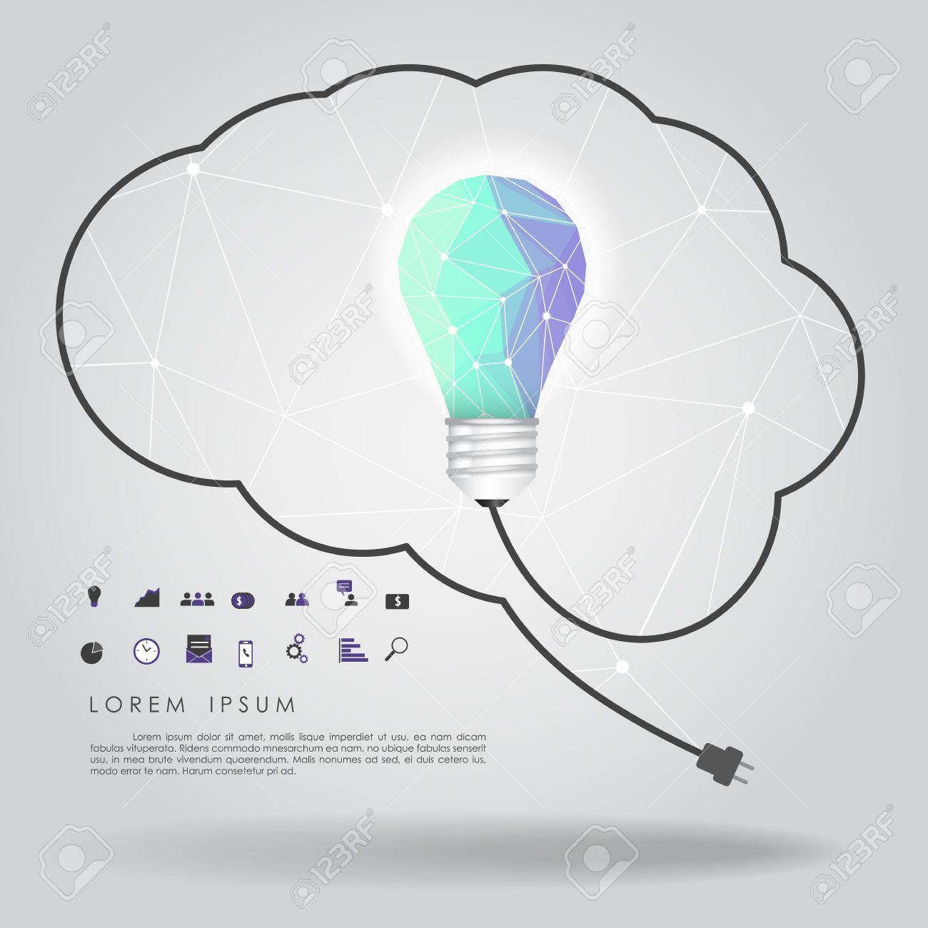 Polygon Idea Light Bulb With Business Icon And Brain Wire Vector Stock Polygon Idea Light Bulb With Business Icon And Brain Wire Vector Stock