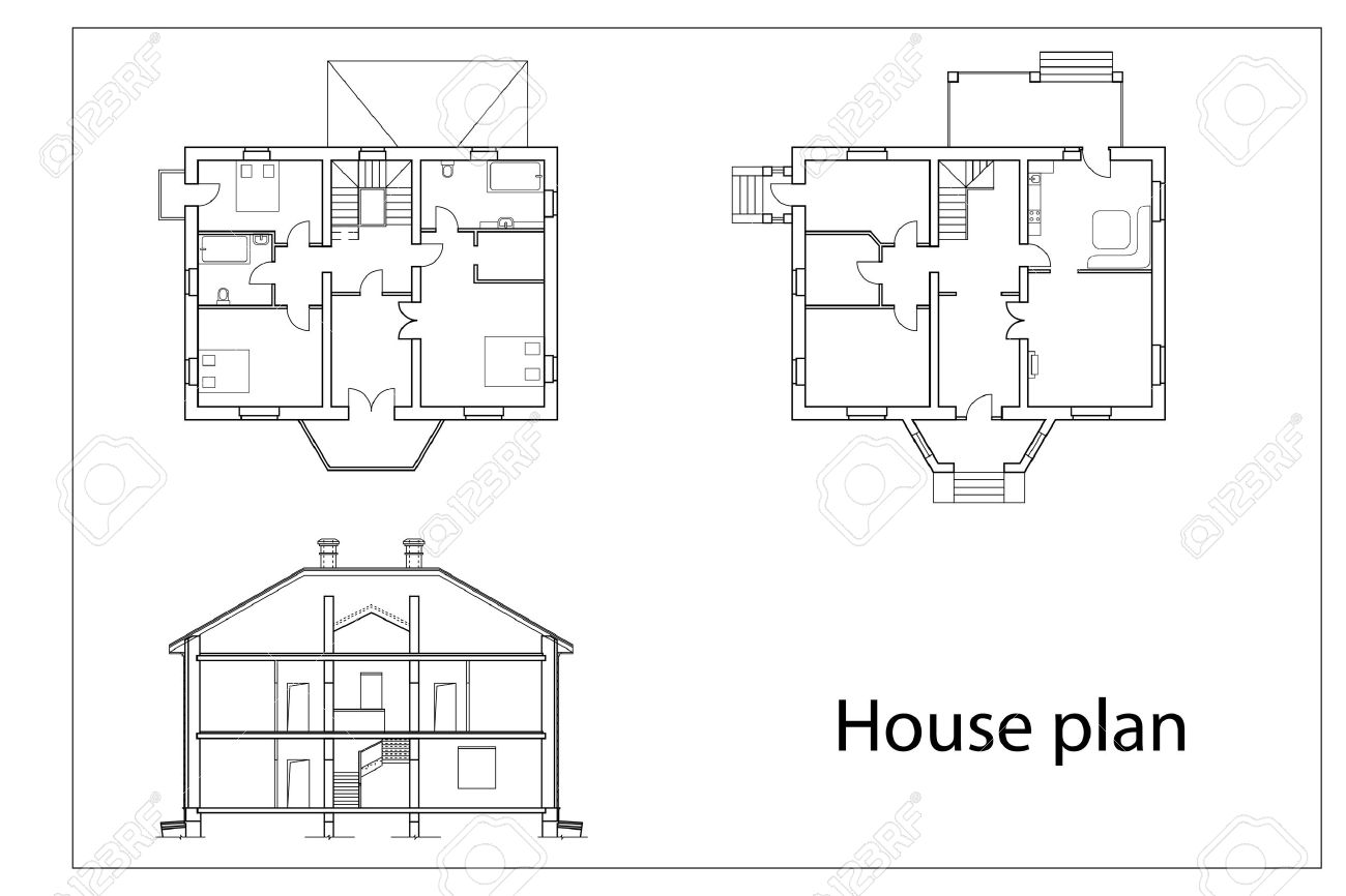 Vector House Plans. Black Outlines On White Background Royalty Free ... Vector House Plans. Black Outlines On White Background Royalty Free ...