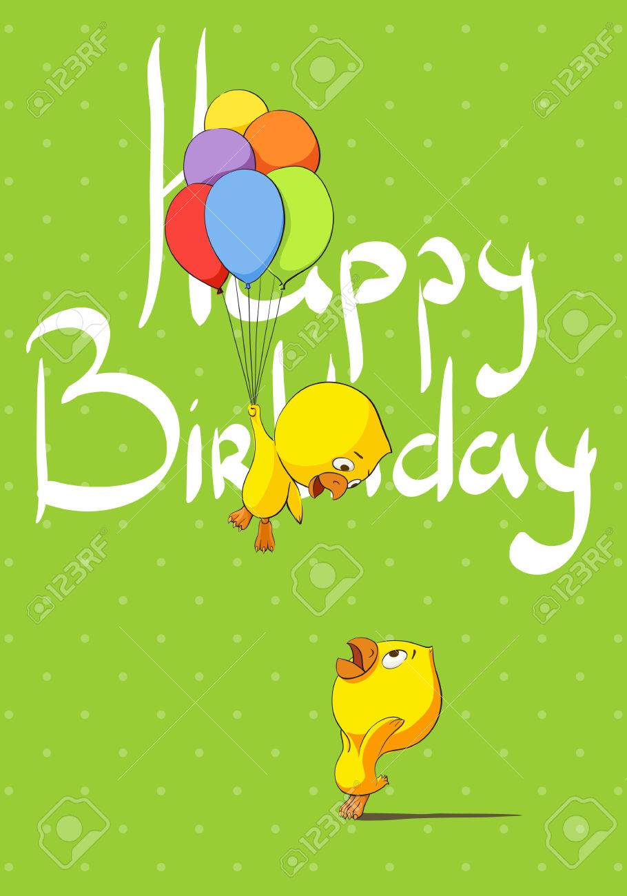 Poussins Mignons Feliciter Anniversaire Joyeux Anniversaire Sur Un Fond Vert Clair Clip Art Libres De Droits Vecteurs Et Illustration Image