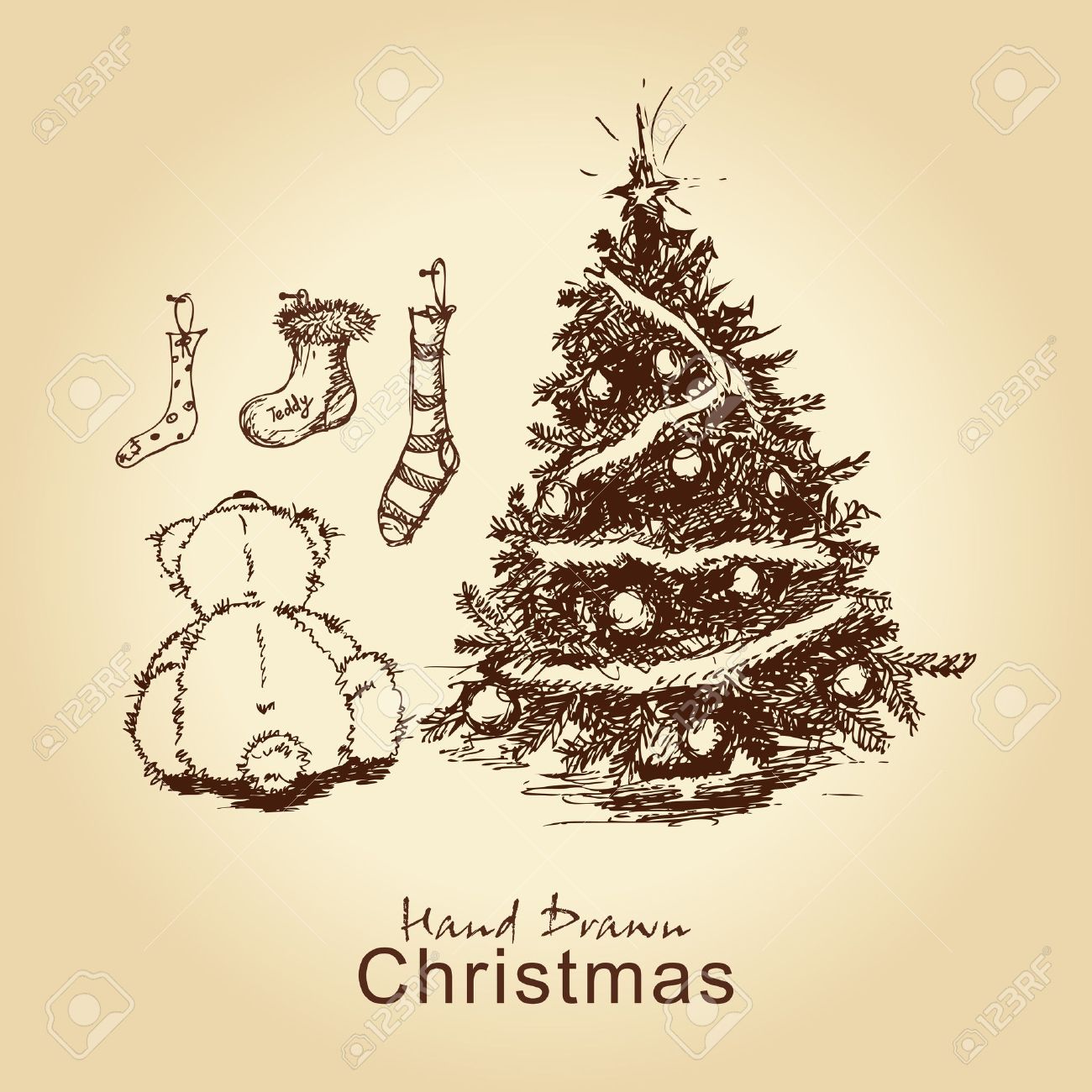 hand drawn vintage christmas card with teddy and christmas tree