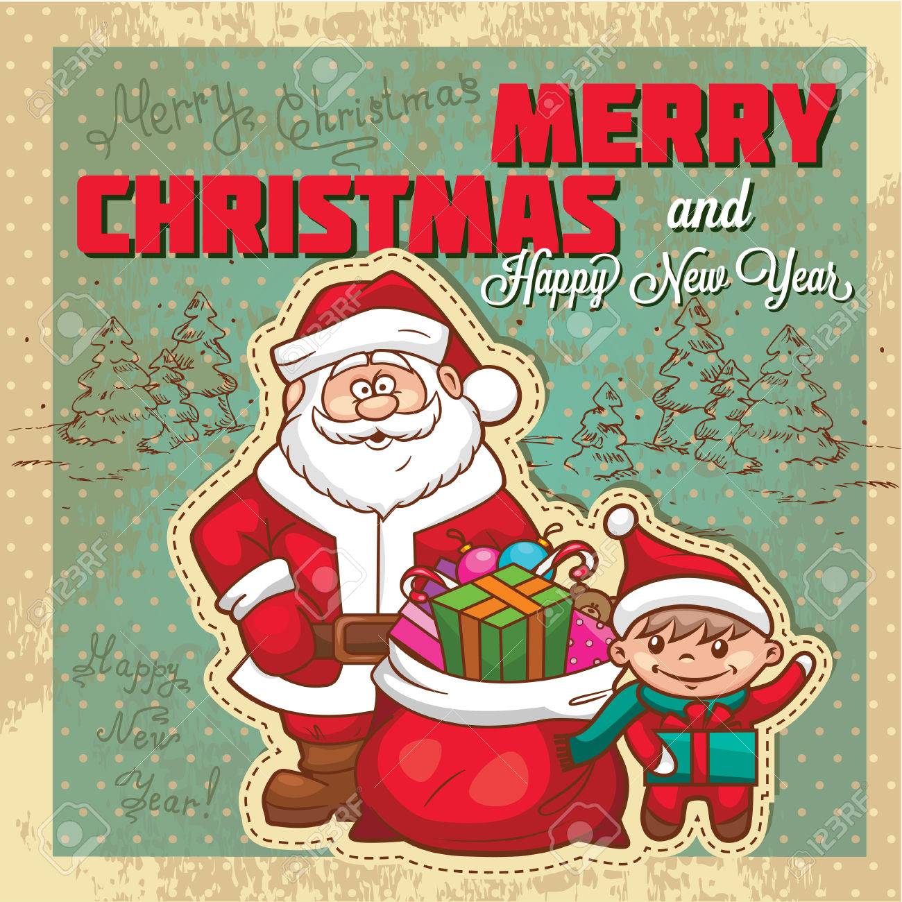 かわいいサンタ クロースとヴィンテージのレトロなクリスマス カード のイラスト素材 ベクタ Image