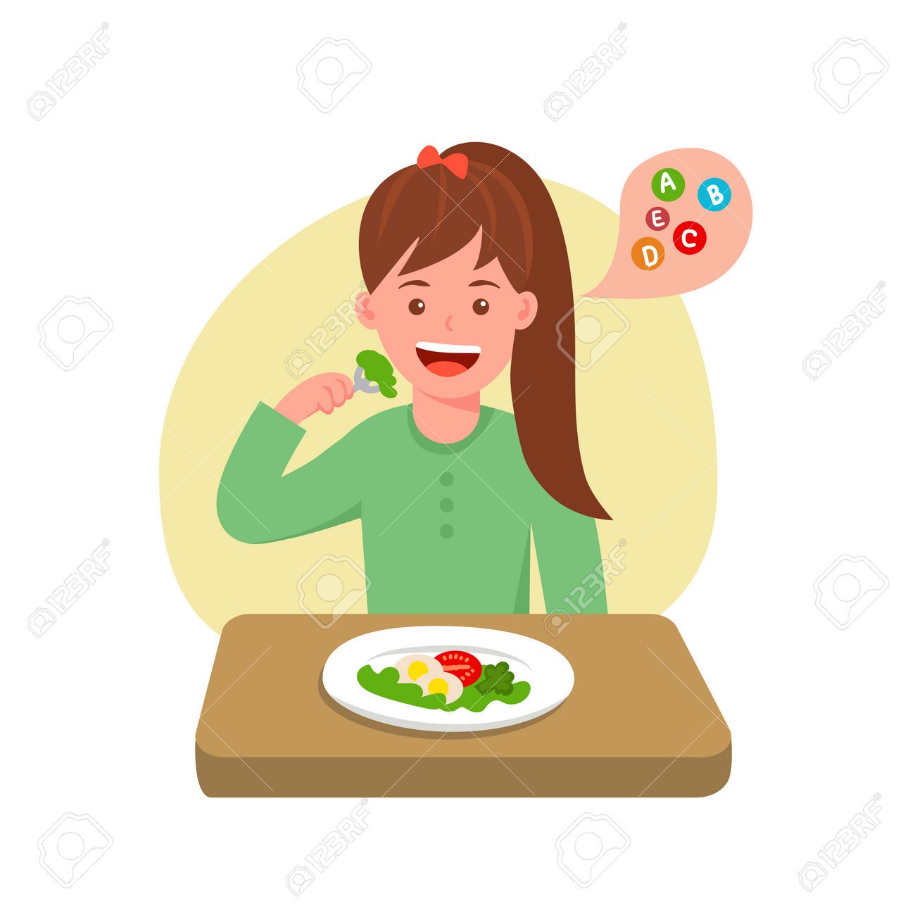 Eating Healthy Food. Girl With Salad In Her Plate. Vitamins, Natural And  Fresh Food. Greens, Boccoli, Tomatoes. Diet, Weight Loss, Dinner. Cartoon  Flat Vector Illustration Royalty Free SVG, Cliparts, Vectors, and Stock, image size:1300x1300