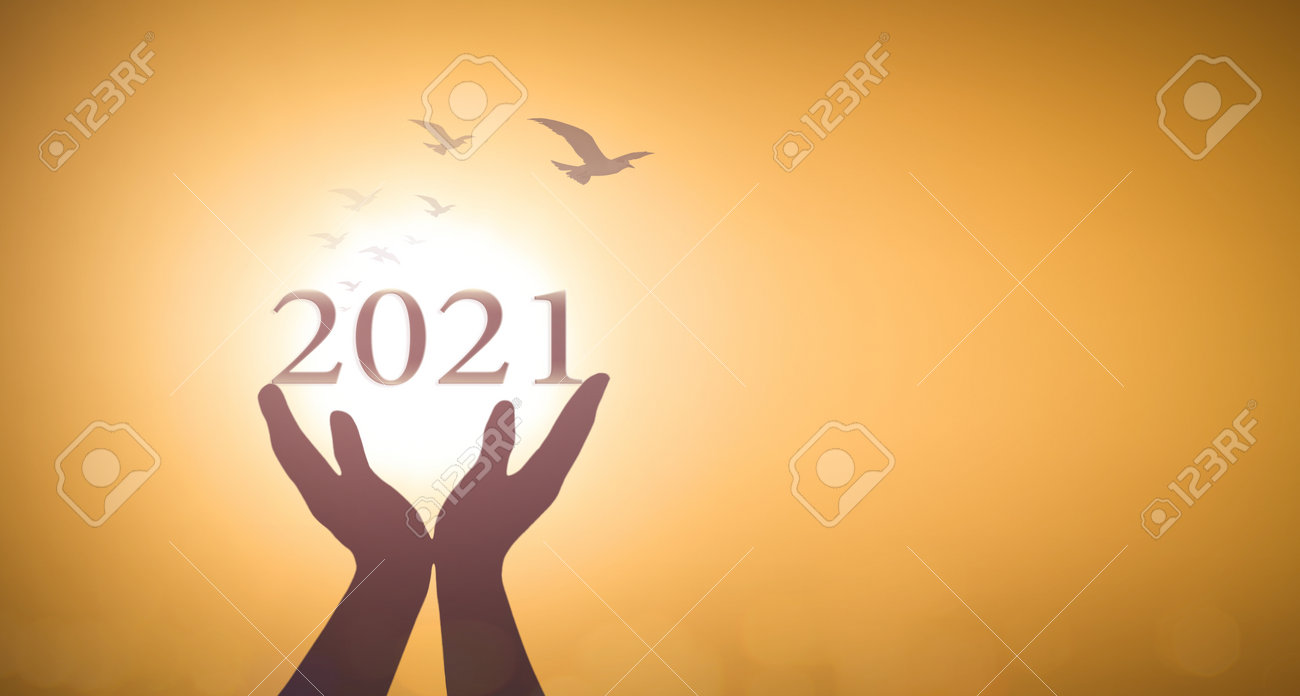New year 2021 concept: Silhouette hands show 2021 against birds flying on blurred yellow sunrise background - 160657473 New year 2021 concept: Silhouette hands show 2021 against birds flying on blurred yellow sunrise background - 160657473