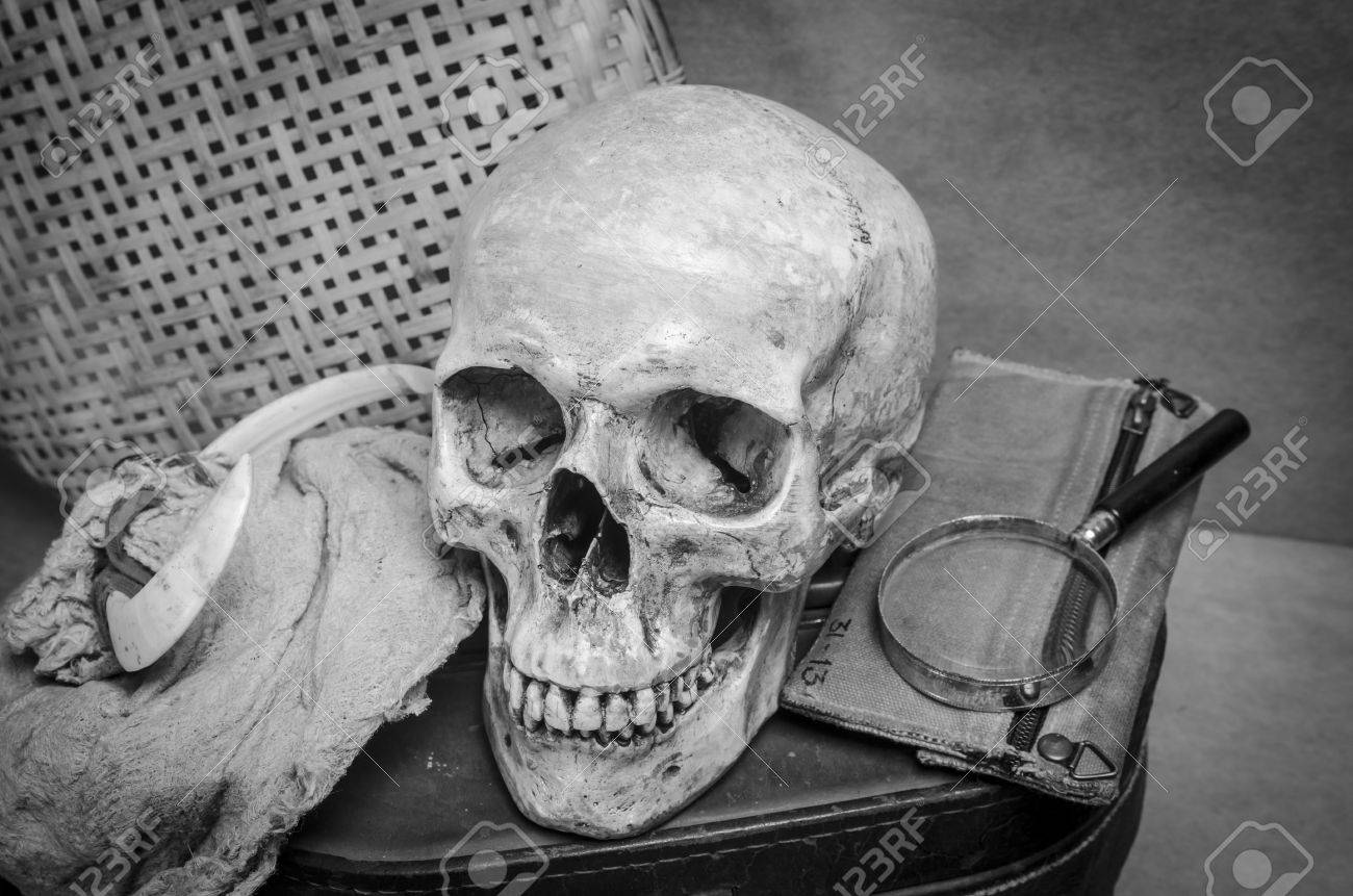 Still life with human skull with old items in black and white