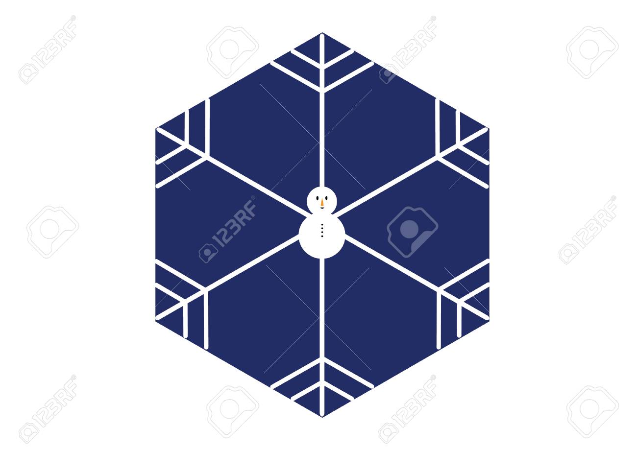 青の背景に六角形の形で雪だるま雪の結晶最小限のスタイル のイラスト素材 ベクタ Image