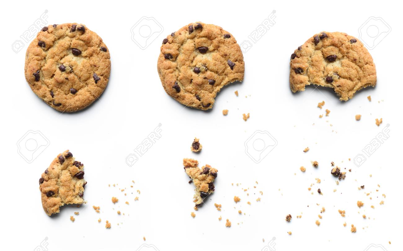 Steps of chocolate chip cookie being devoured. Isolated on white background. - 110236703 Steps of chocolate chip cookie being devoured. Isolated on white background. - 110236703