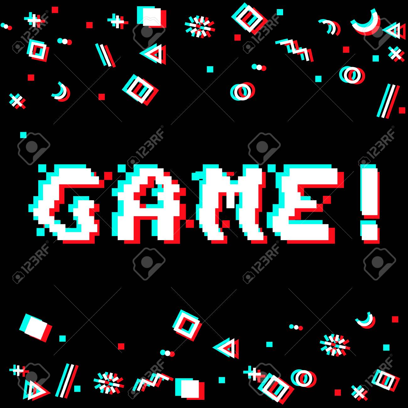 vector game phrase in pixel art 8 bit style with glitch vhs effect