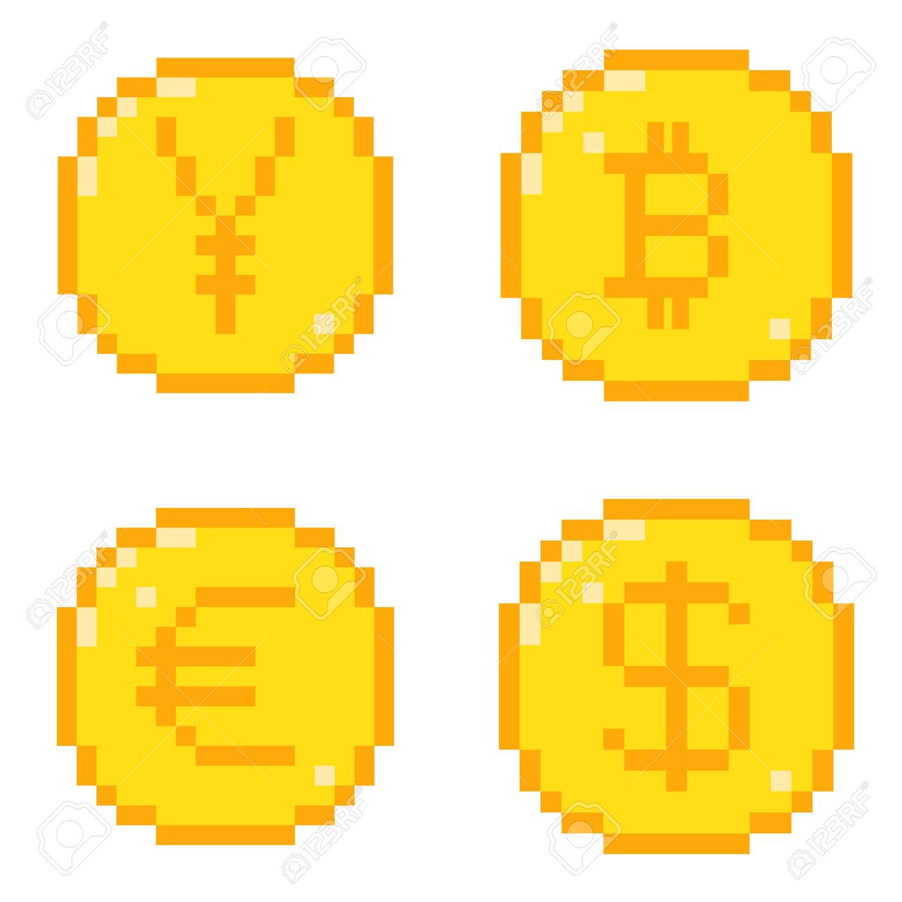 4 개의 8 비트 픽셀 아트 코인 아이콘 세트. 통화의 색상 평면 스타일 개념입니다. 달러, 비트 코인, 엔, 유로. 로열티 무료  사진, 그림, 이미지 그리고 스톡포토그래피. Image 105348312