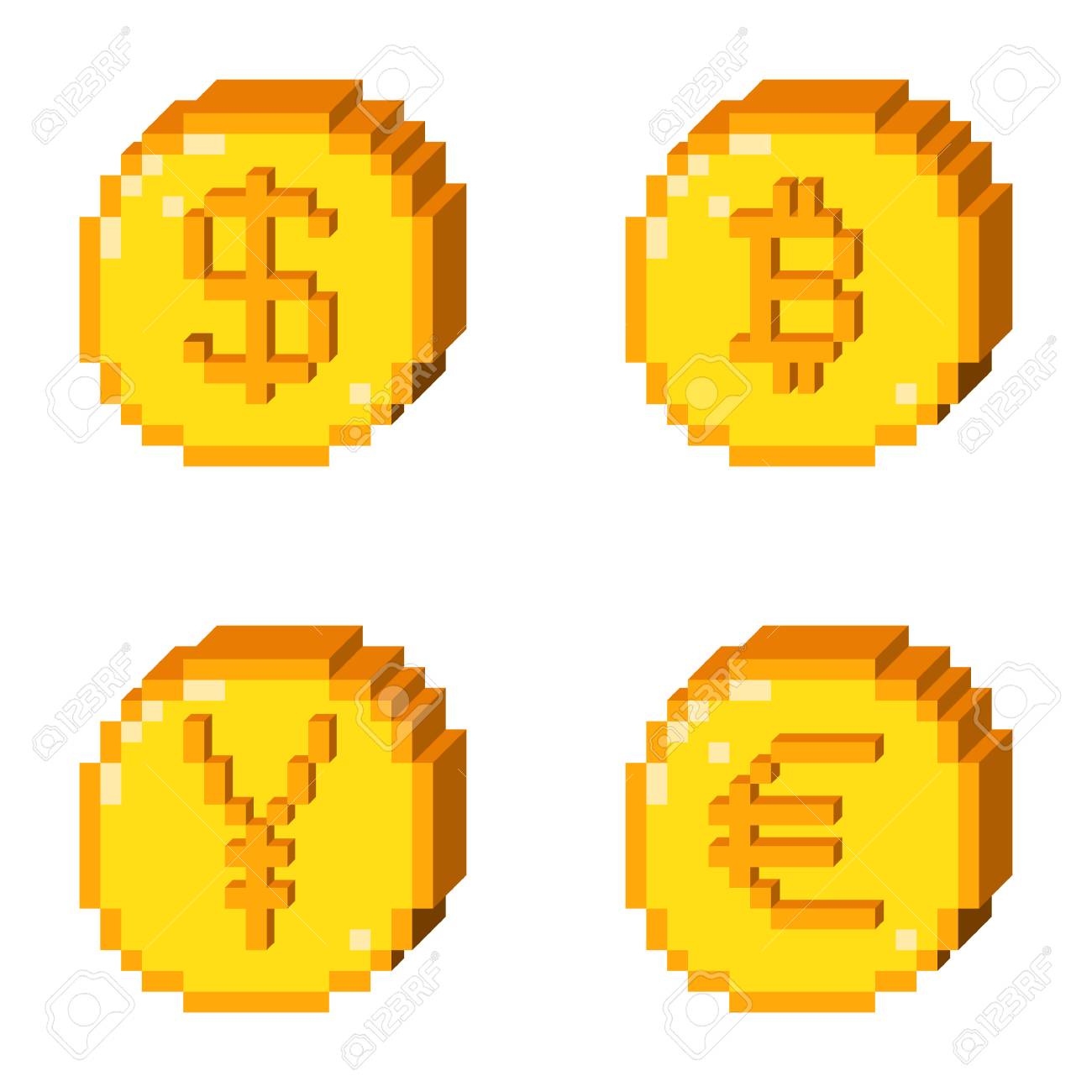 4 개의 8 비트 픽셀 아트 코인 아이콘 세트. 통화의 색상 3D 개념입니다. 달러, 비트 코인, 엔, 유로. 로열티 무료 사진,  그림, 이미지 그리고 스톡포토그래피. Image 105348313