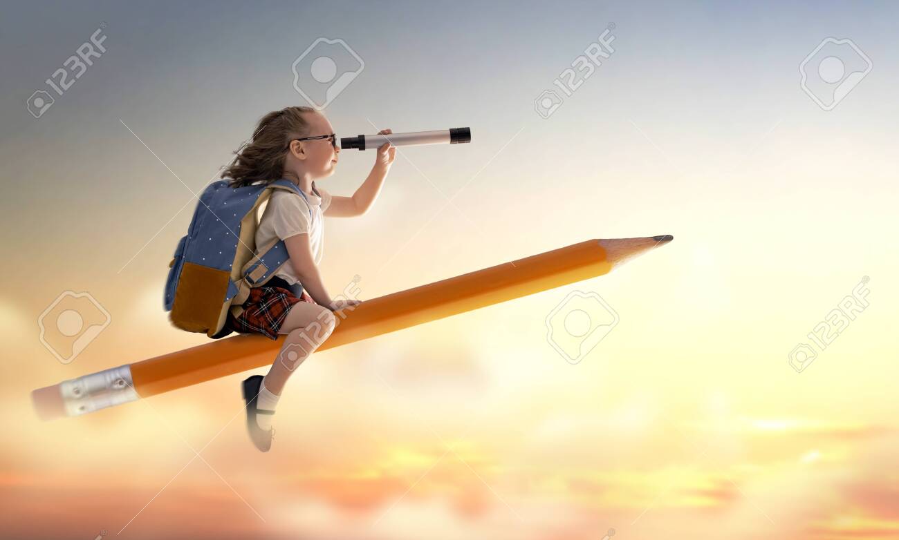 Back to school! Happy cute industrious child flying on the pencil on background of sunset sky. Concept of education and reading. The development of the imagination. - 124869750 Back to school! Happy cute industrious child flying on the pencil on background of sunset sky. Concept of education and reading. The development of the imagination. - 124869750