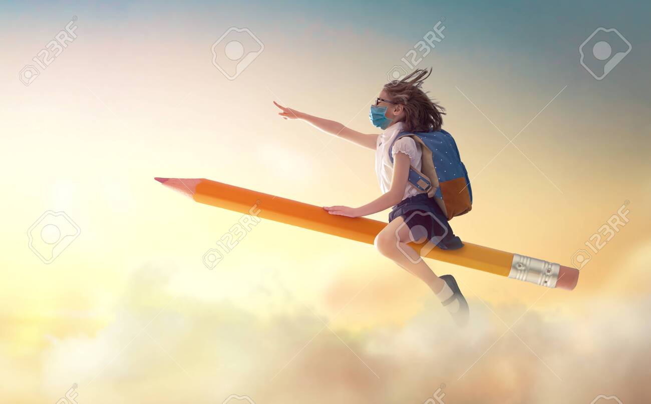 Back to school after quarantine! Happy cute industrious child with face mask flying on the pencil on background of sunset sky. Concept of education after pandemic. The development of the imagination. - 149343284 Back to school after quarantine! Happy cute industrious child with face mask flying on the pencil on background of sunset sky. Concept of education after pandemic. The development of the imagination. - 149343284