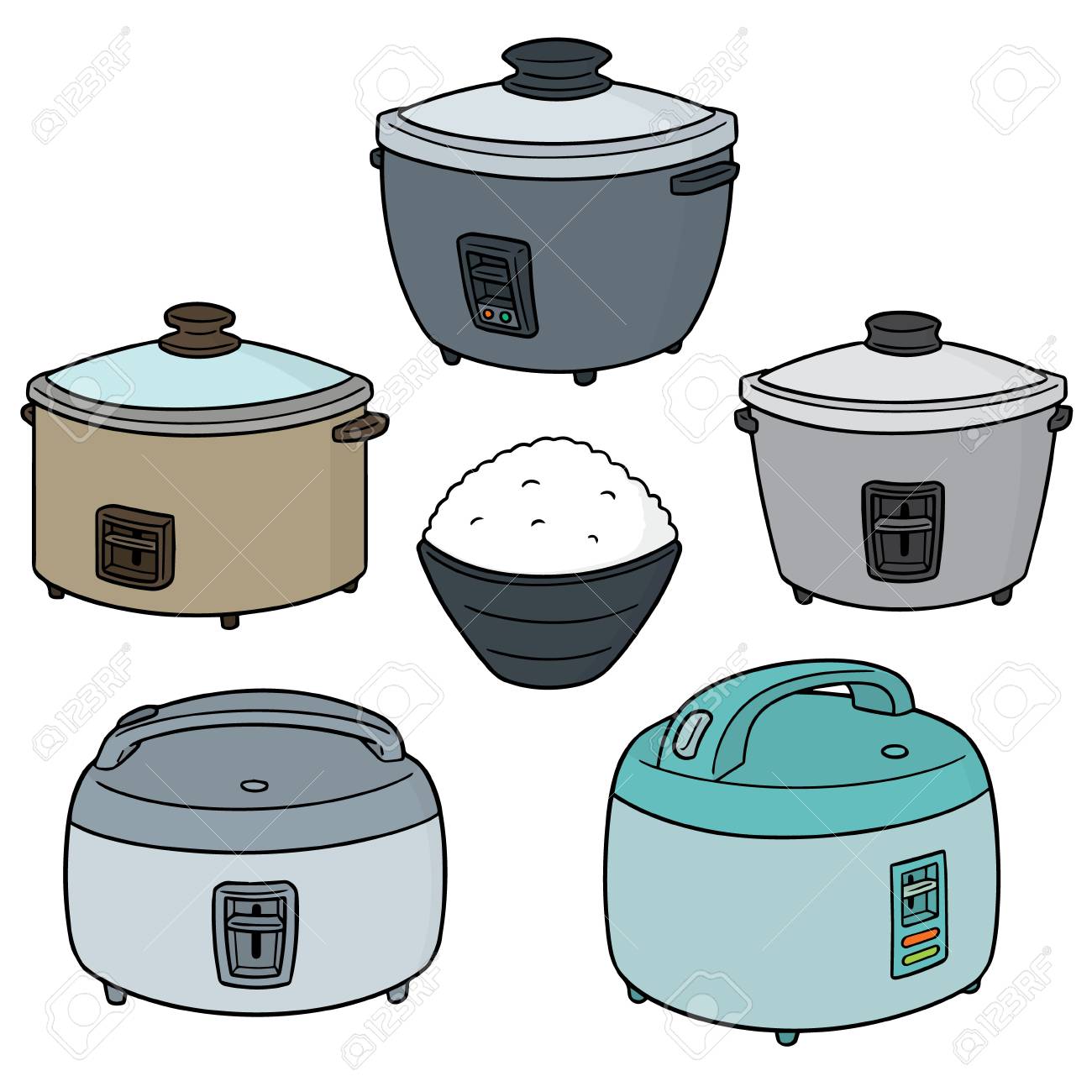 異なるスタイルのイラストでご飯を使った炊飯器のベクトルセット のイラスト素材 ベクタ Image