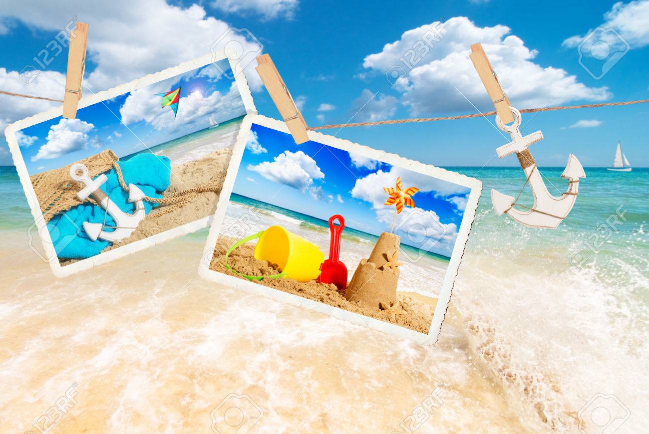 summer holiday postcards against a beach scene stock photo picture holiday postcards