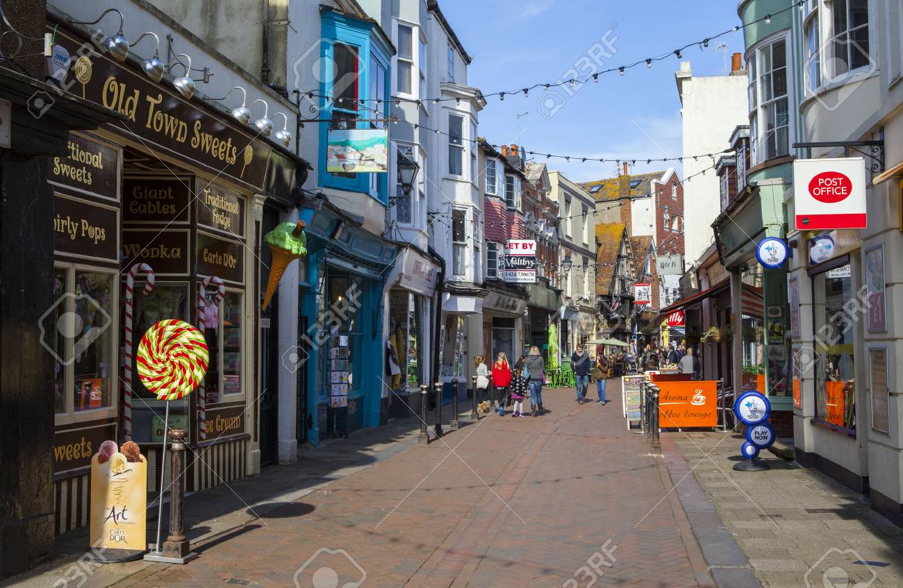 George Street Street View Hastings, Uk - April 1St 2016: A View Down George Street - One Of The  Streets In The Old Town Area Of Hastings In Sussex, On 1St April 2016.  Stock Photo, Picture
