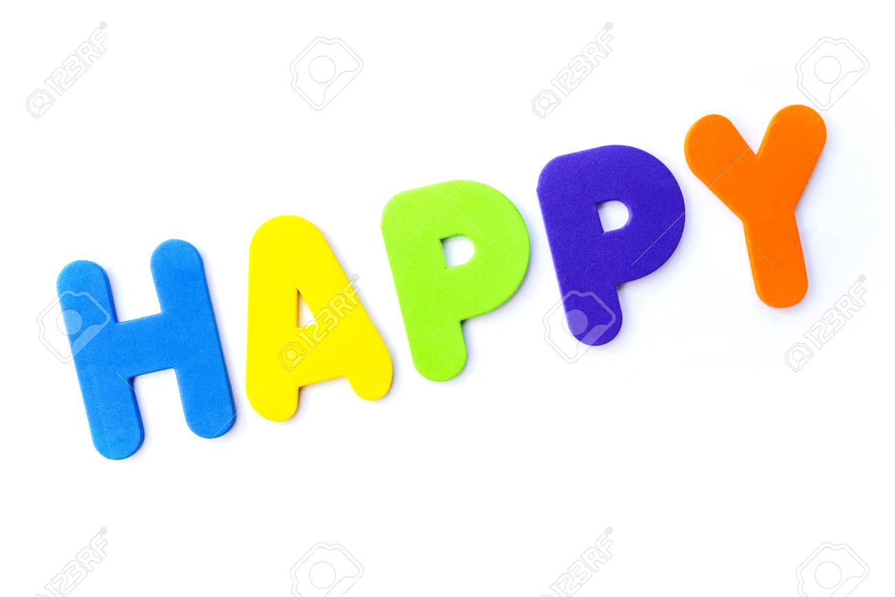 the word happy over a plain white background stock photo picture