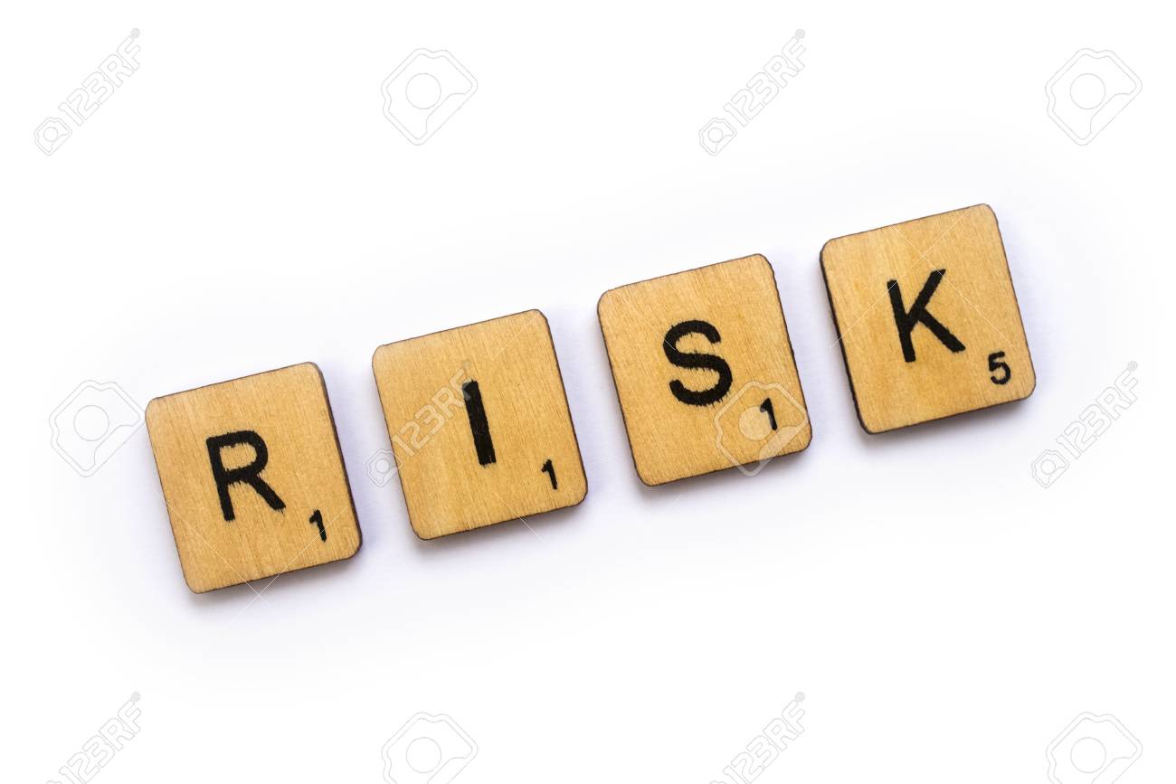 london uk july 5th 2018 the word risk spelt with wooden stock