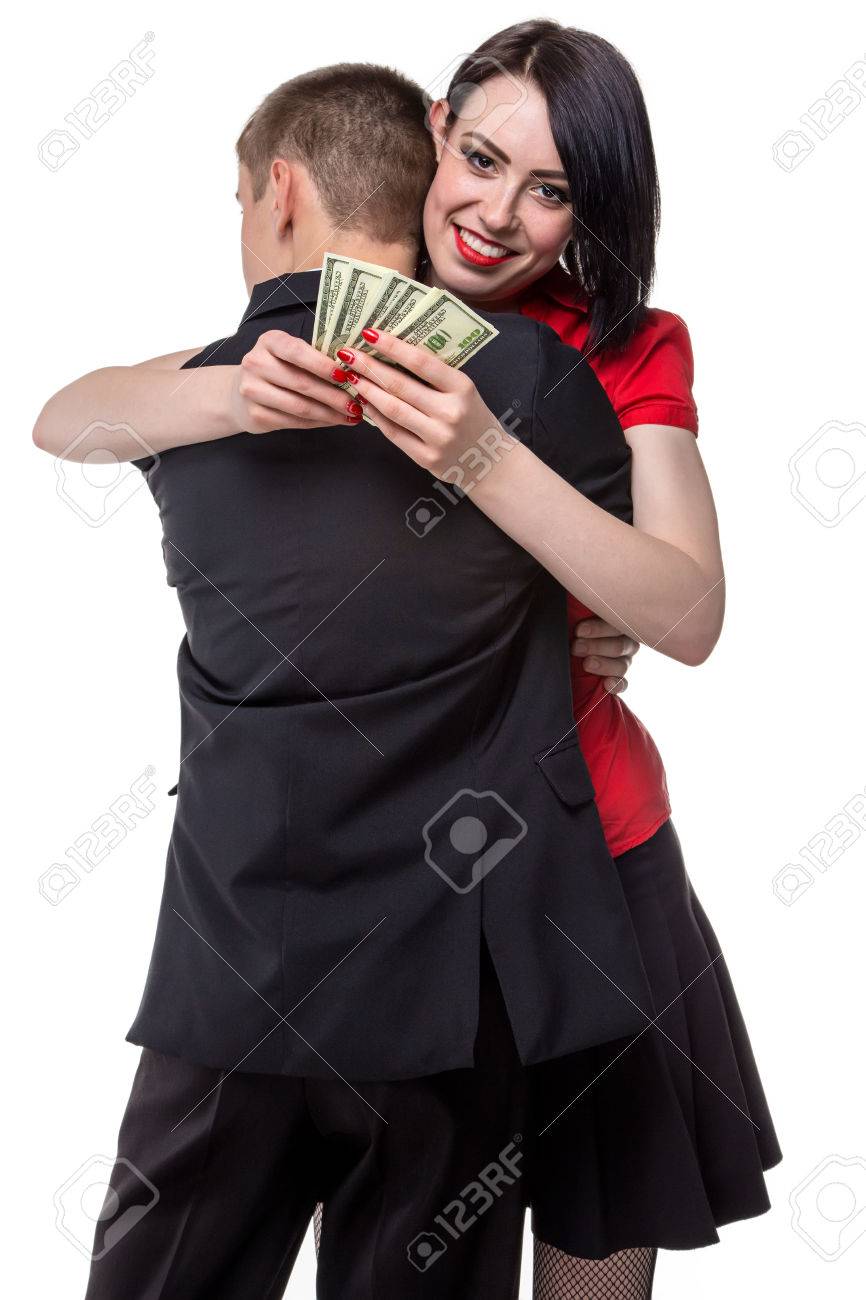 man hugging happy woman with money isolated photo of people stock