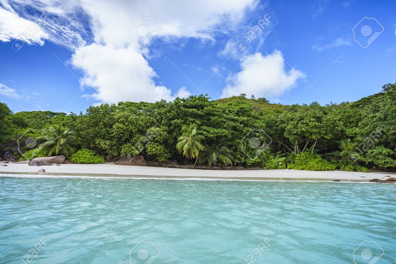 Debout Dans Leau Turquoise Et Regardant La Pittoresque Plage De Rêve Avec Du Sable Blanc Des Rochers De Granit Doré Des Palmiers Et Un Ciel Bleu à