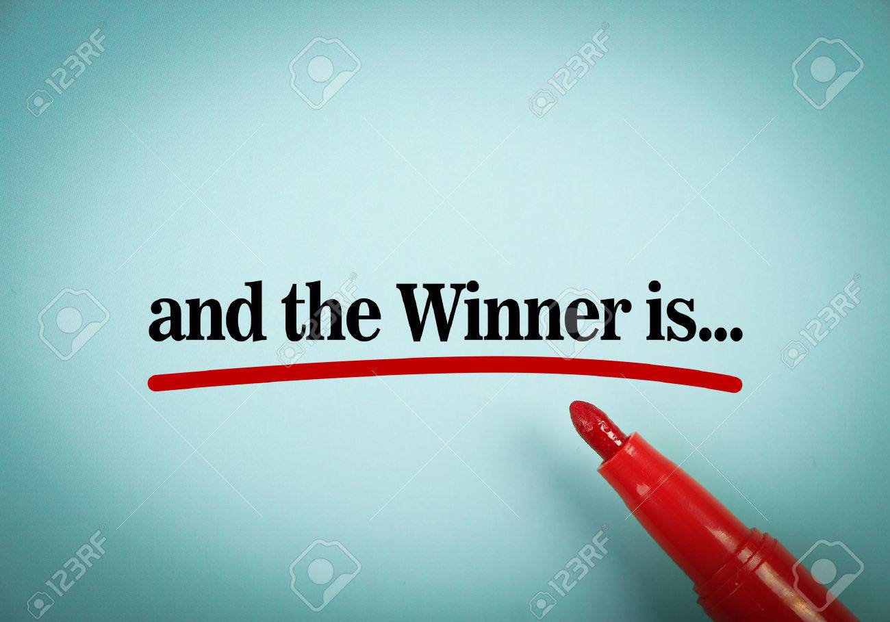 Text And the winner is with red underline and red marker aside on the blue background. - 44254456 Text And the winner is with red underline and red marker aside on the blue background. - 44254456