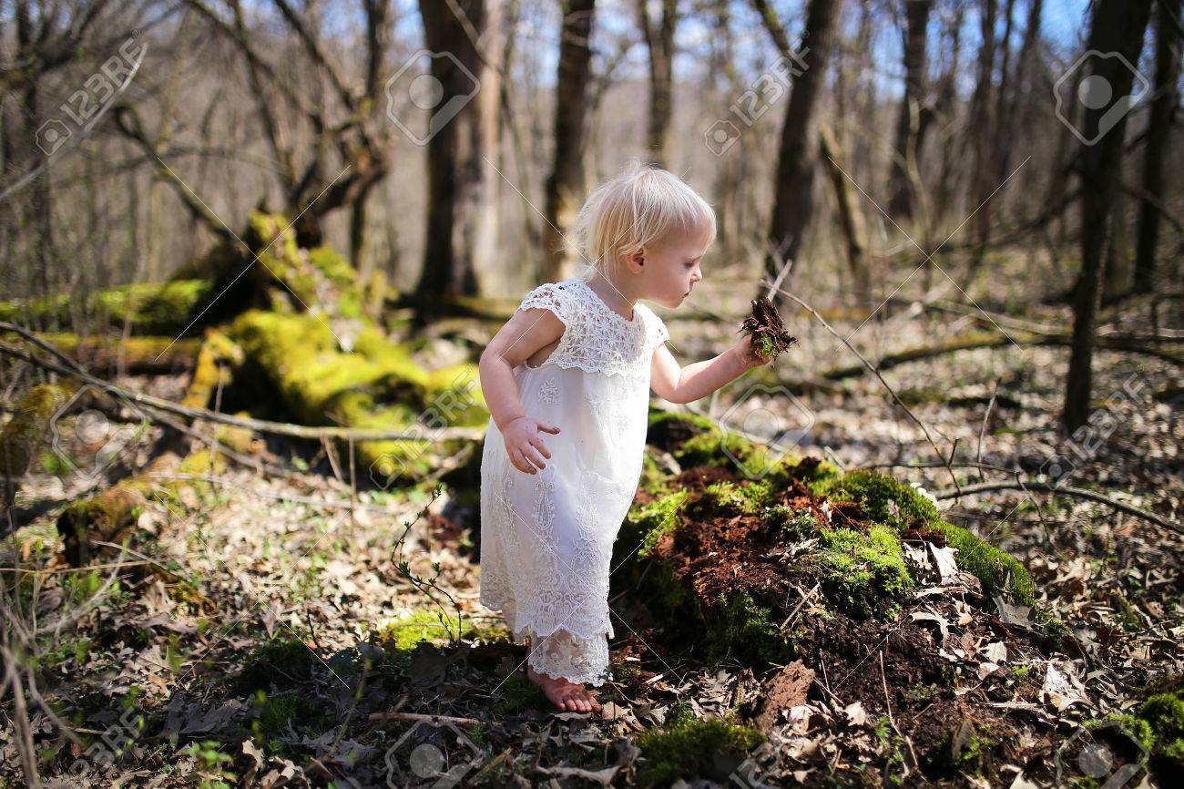 Une Petite Fille De Bebe De Deux Ans Explore La Nature Ramene Des Batons De La Mousse Et De La Salete Dans La Foret A Feuilles Caduques Banque D Images Et Photos Libres