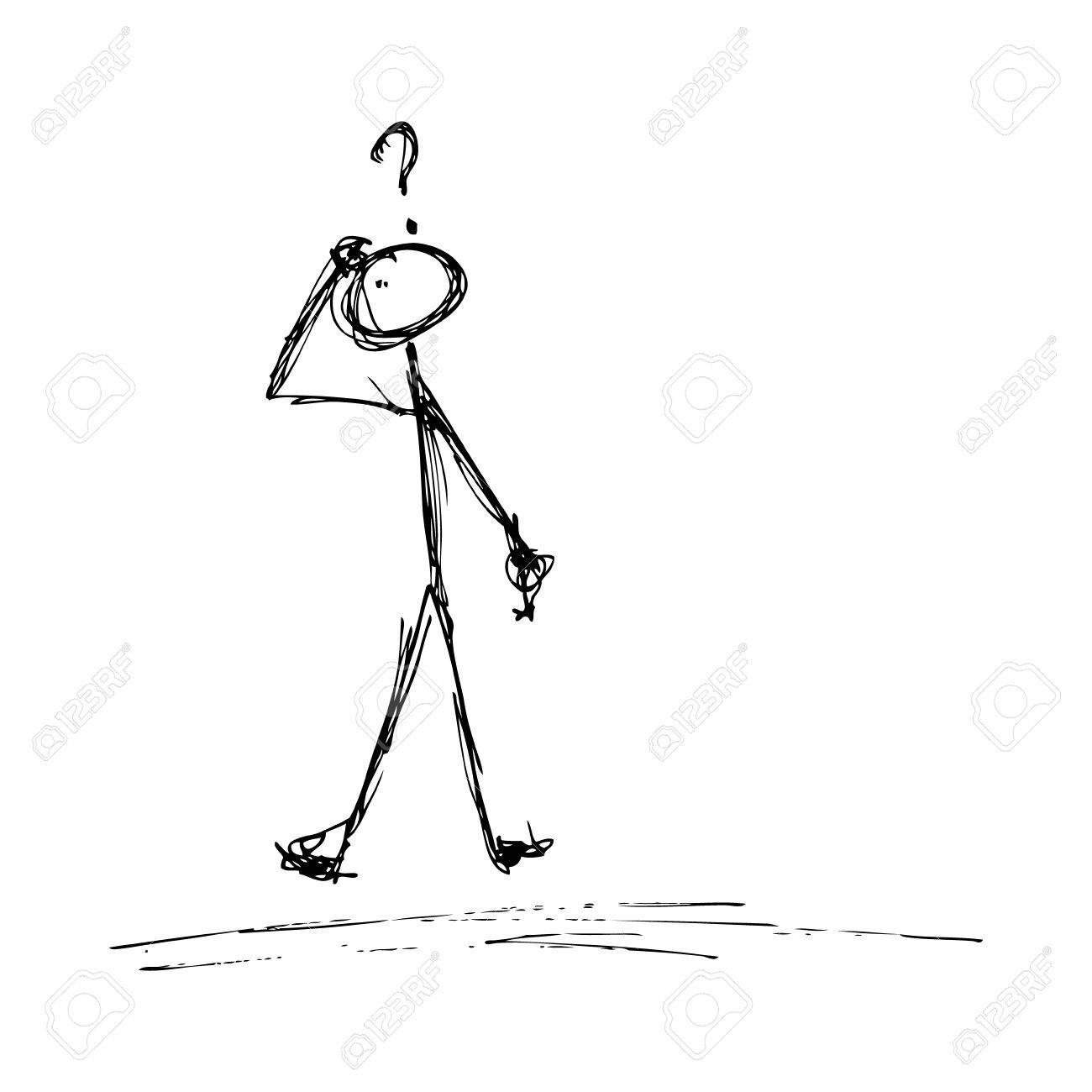 彼の頭の上に疑問符を持ったマッチ棒男の落書きのイラスト素材 ベクタ Image