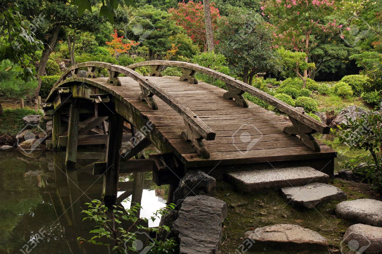 wooden footbridge in japanese garden stock photo picture and