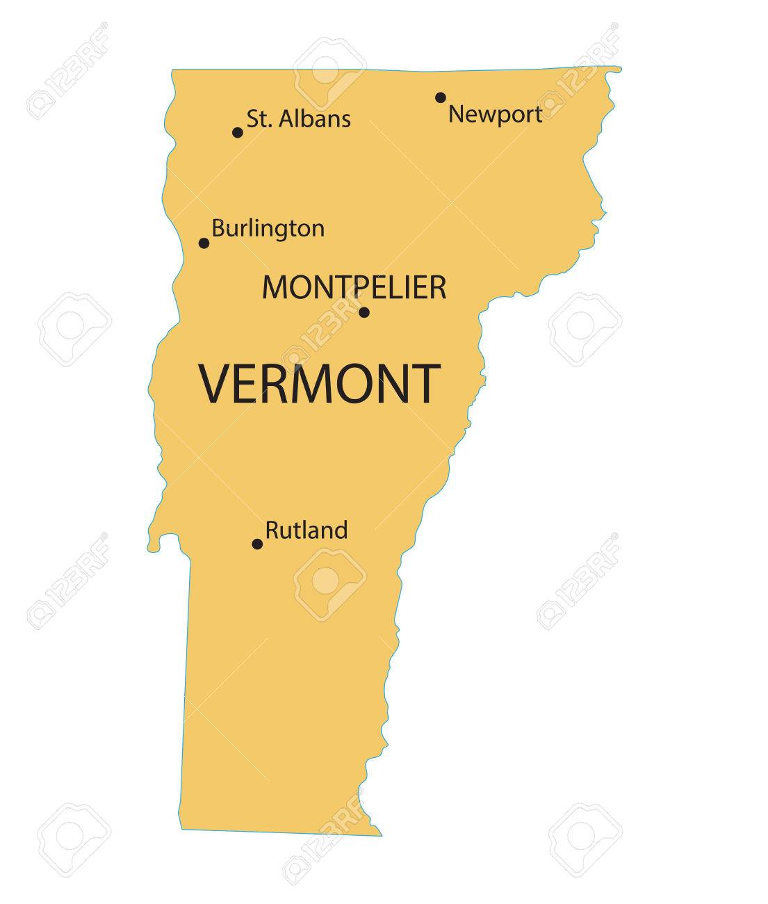 yellow map of vermont with indication of largest cities royalty free