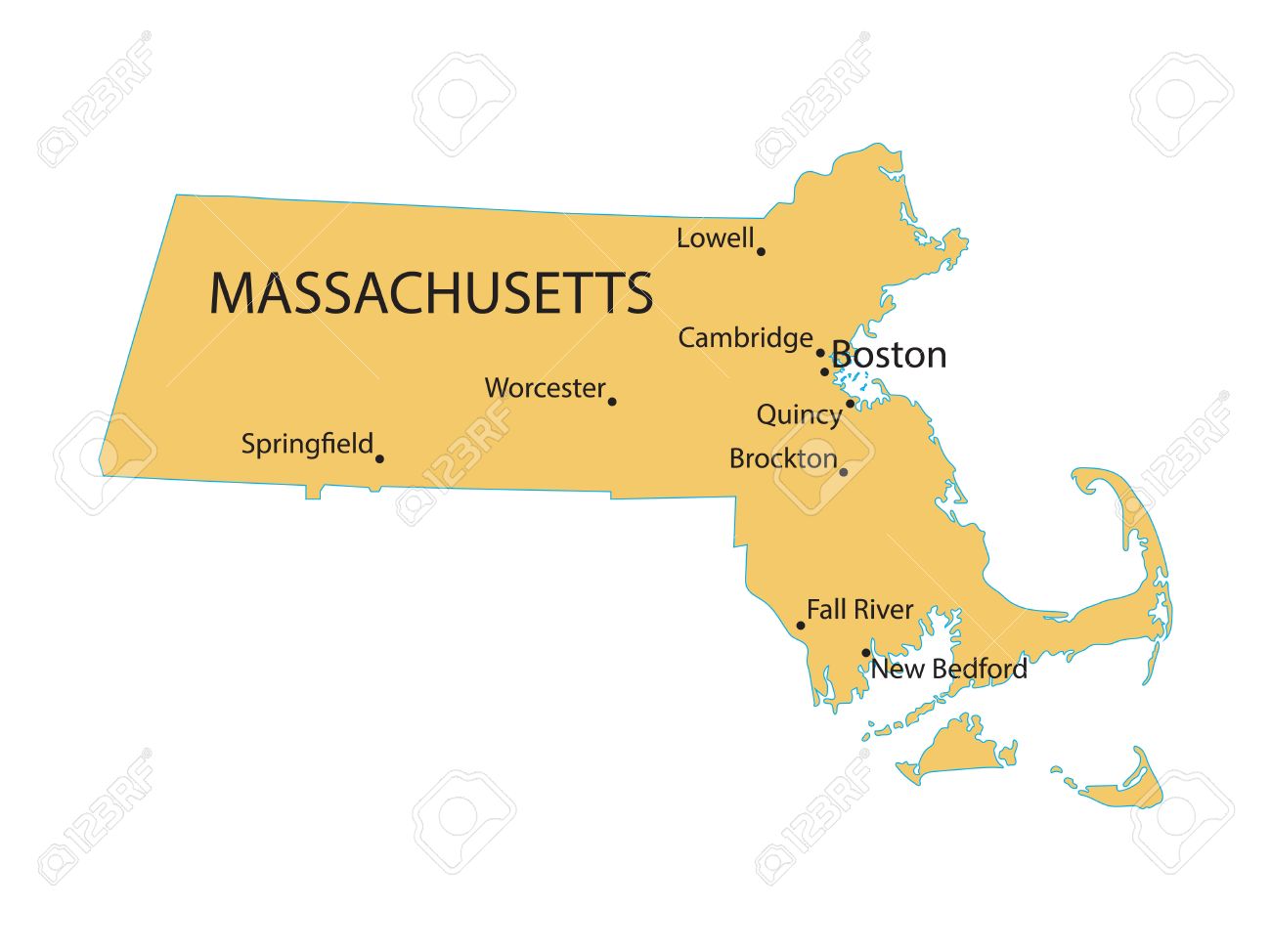 Yellow Map Of Massachusetts With Indication Of Largest Cities Royalty Free Cliparts Vectors And Stock Illustration Image 40347627