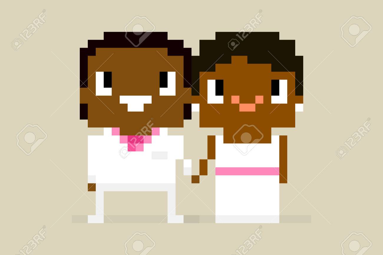ピクセル アートの文字 手をつないで 笑顔 明るい背景上のアフリカ系アメリカ人のカップルの結婚式のカップルのイラスト素材 ベクタ Image