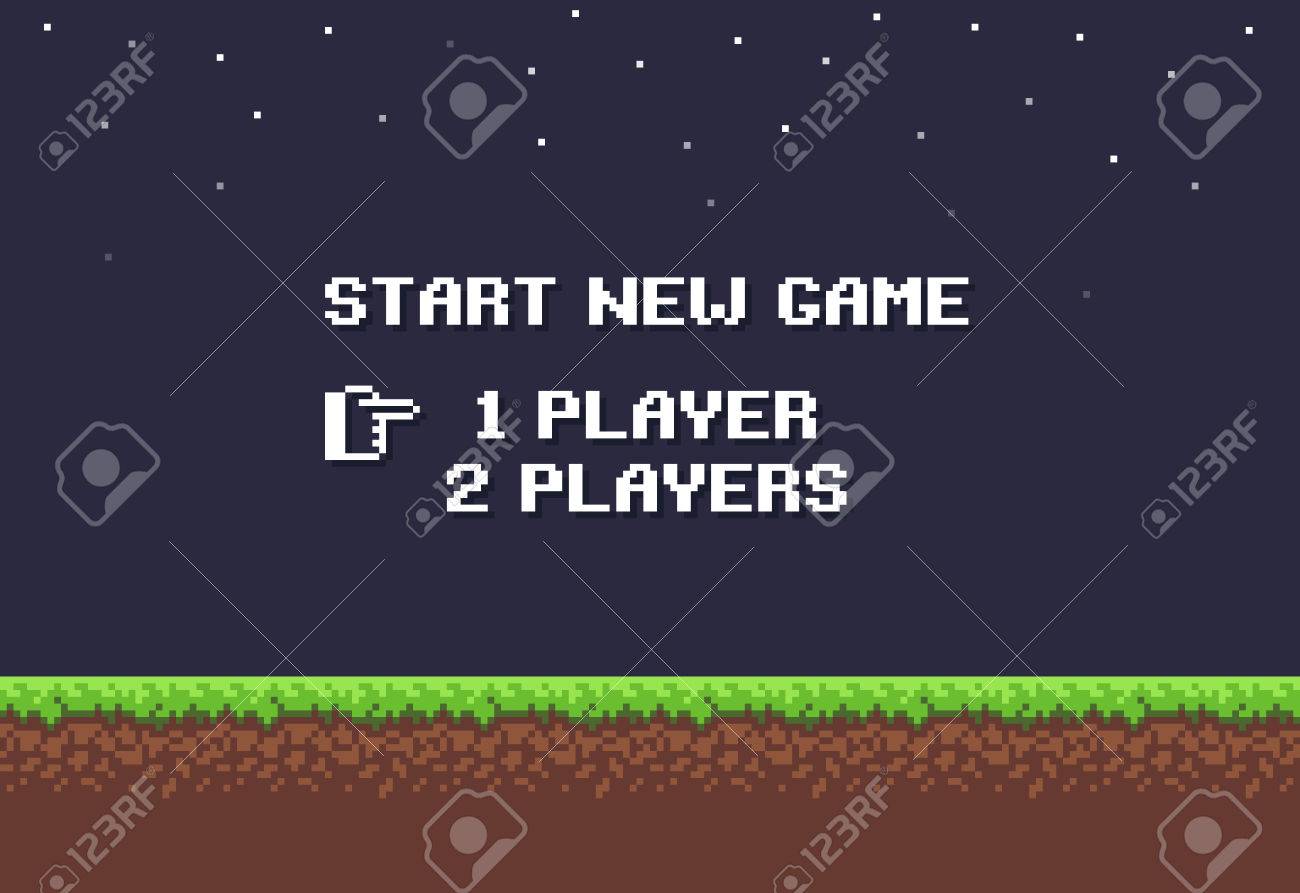 Pixel Art Night Game Background With Grass Dirt Stones Sky And Start New Game 8 Bit Text Royalty Free Cliparts Vectors And Stock Illustration Image 70843489