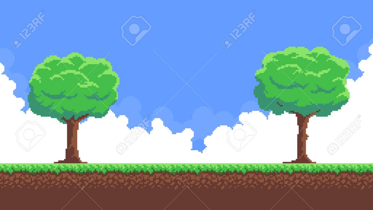 ピクセル アート ゲームの背景の木 地面 草 空 雲とのイラスト素材 ベクタ Image ピクセル アート ゲームの背景の木 地面 草 空 雲とのイラスト素材 ベクタ Image