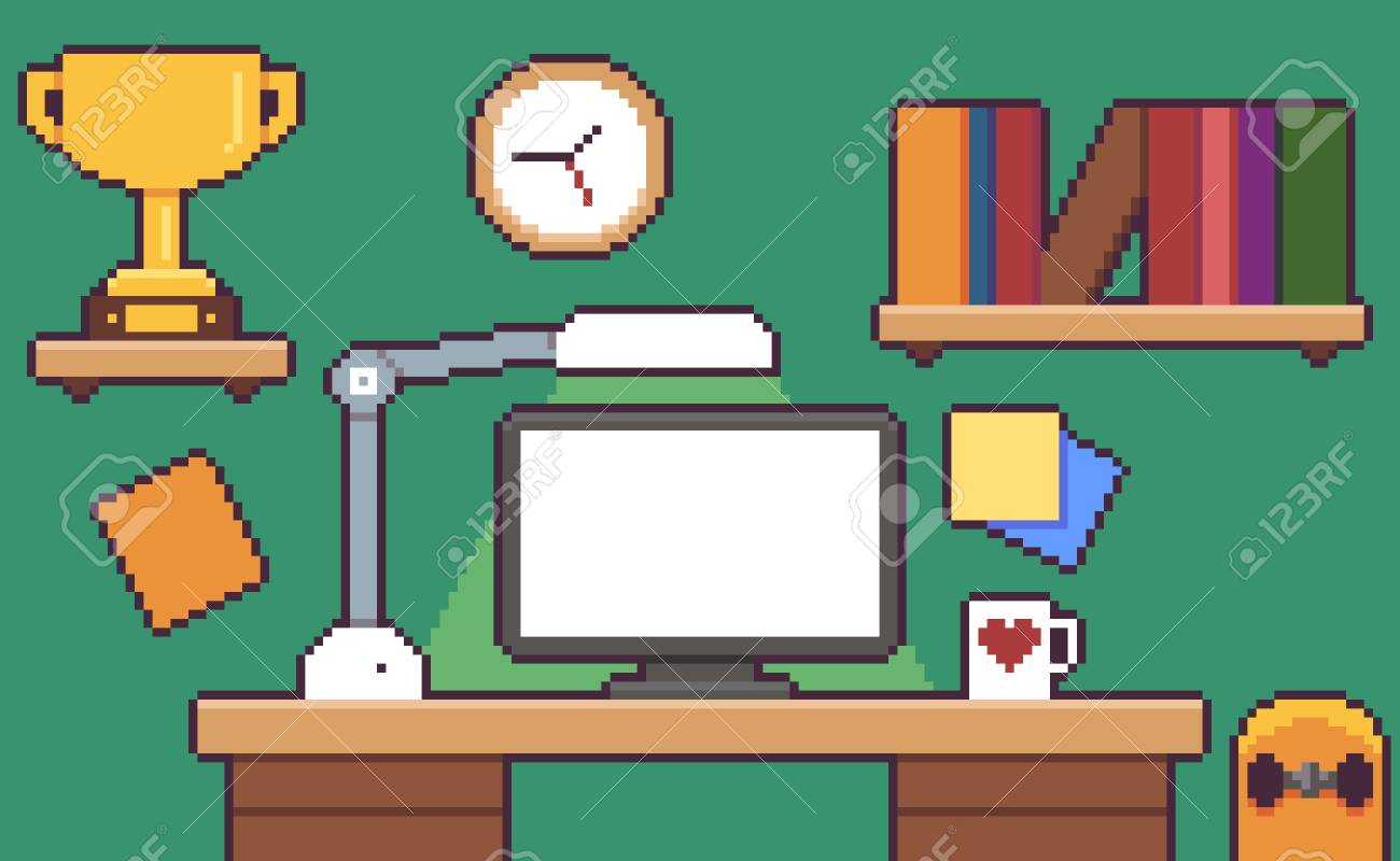 pixel art desk room interior with desk monitor golden cup