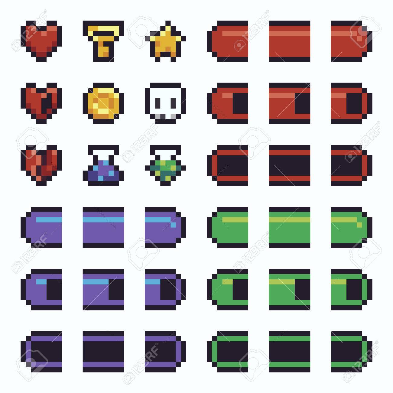 건강, 마나 및 민첩성이있는 픽셀 아트 UI 요소 체력 바, 묘약, 별, 열쇠, 해골, 동전, 심장 로열티 무료 사진, 그림, 이미지  그리고 스톡포토그래피. Image 85696020