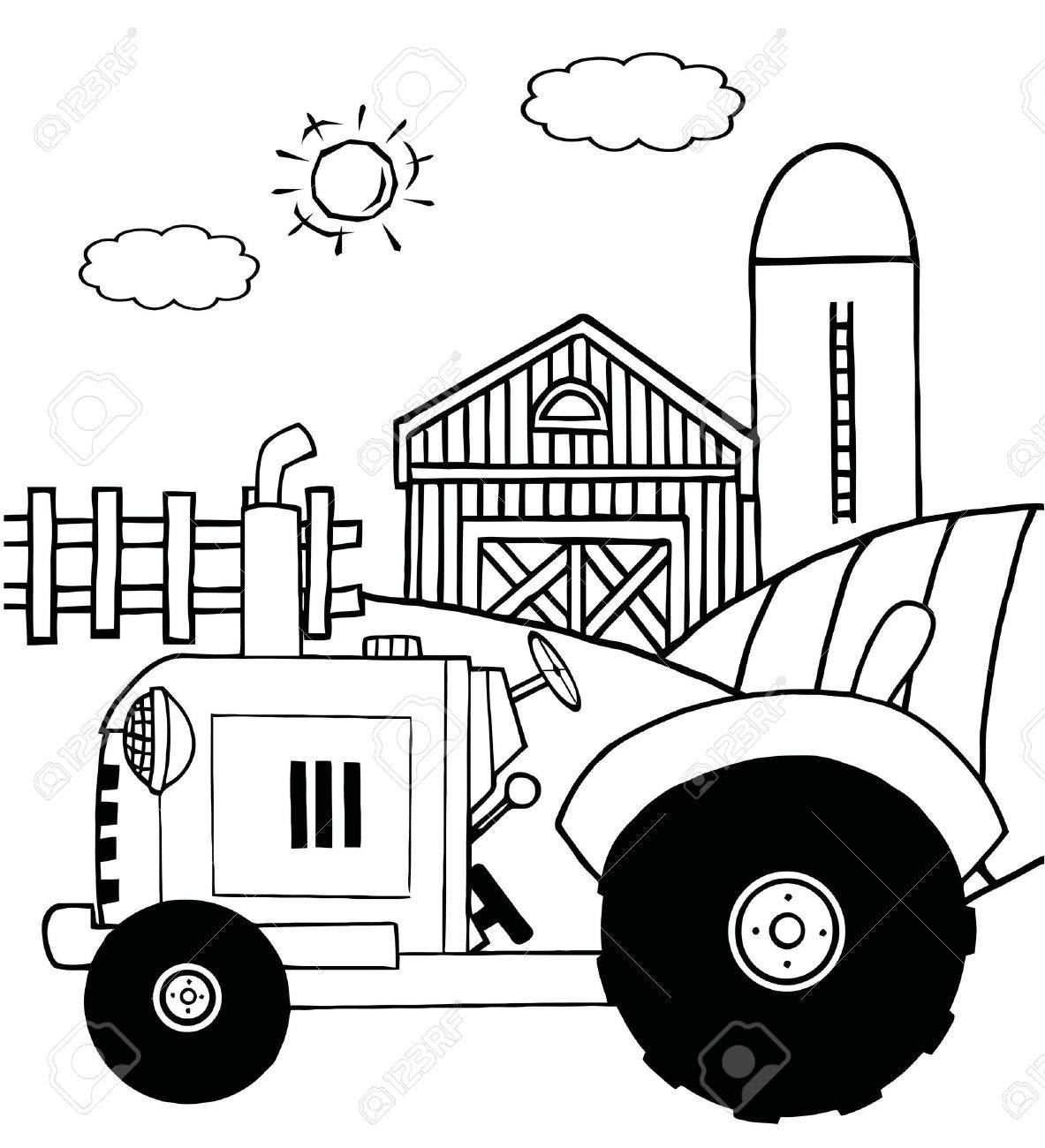 outlined farm tractor in a pasture near a barn and silo royalty free